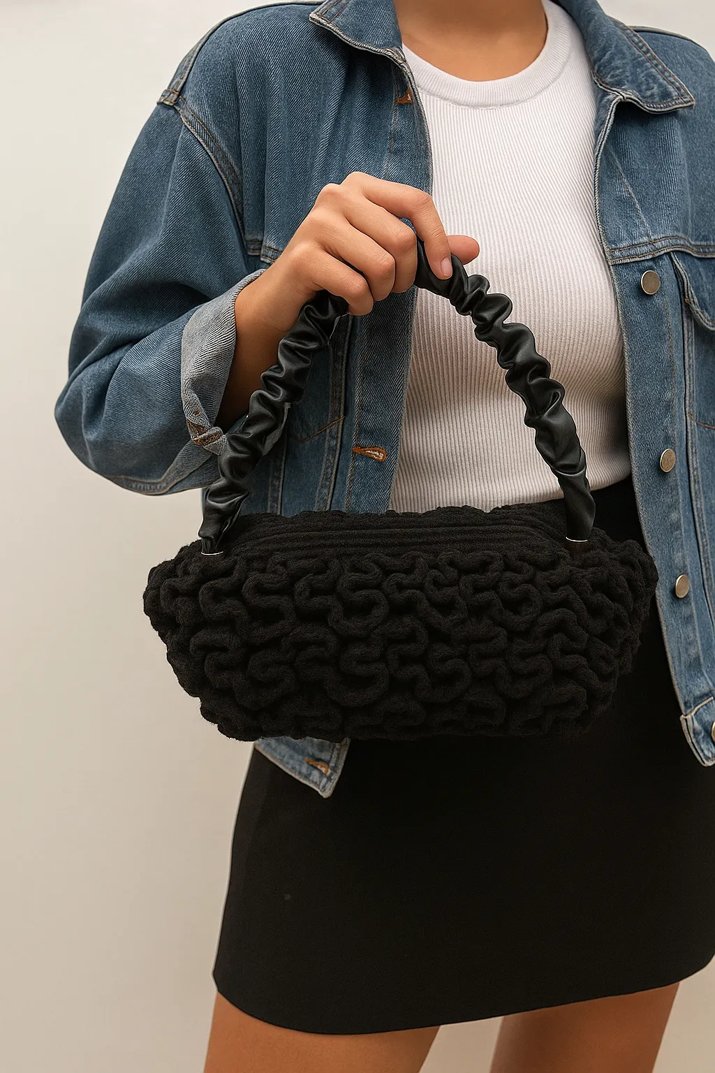 Handmade Knit Detailed Black Women's Bag