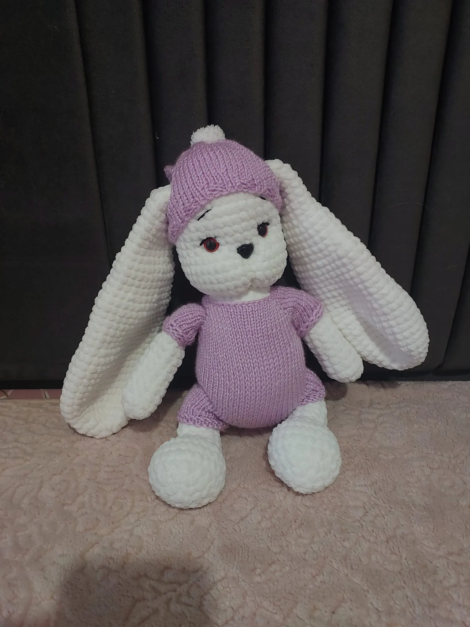 Knitted Toy Rabbit - Purple Outfit, White Detailed, Velvet Yarn