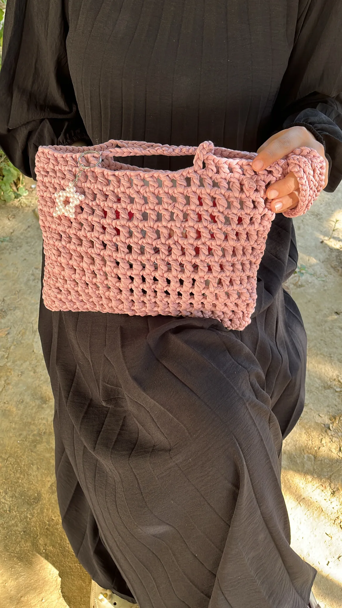 Pembe Penye İpten Örme Veronika Çanta - Anahtarlıklı ve El Emeği