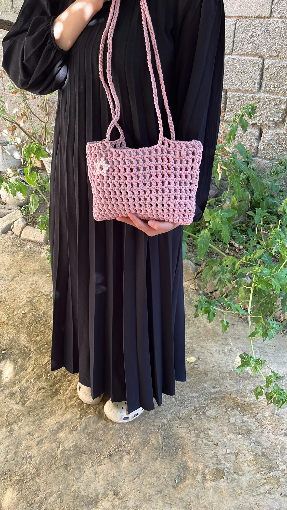 Pembe Penye İpten Örme Veronika Çanta - Anahtarlıklı ve El Emeği