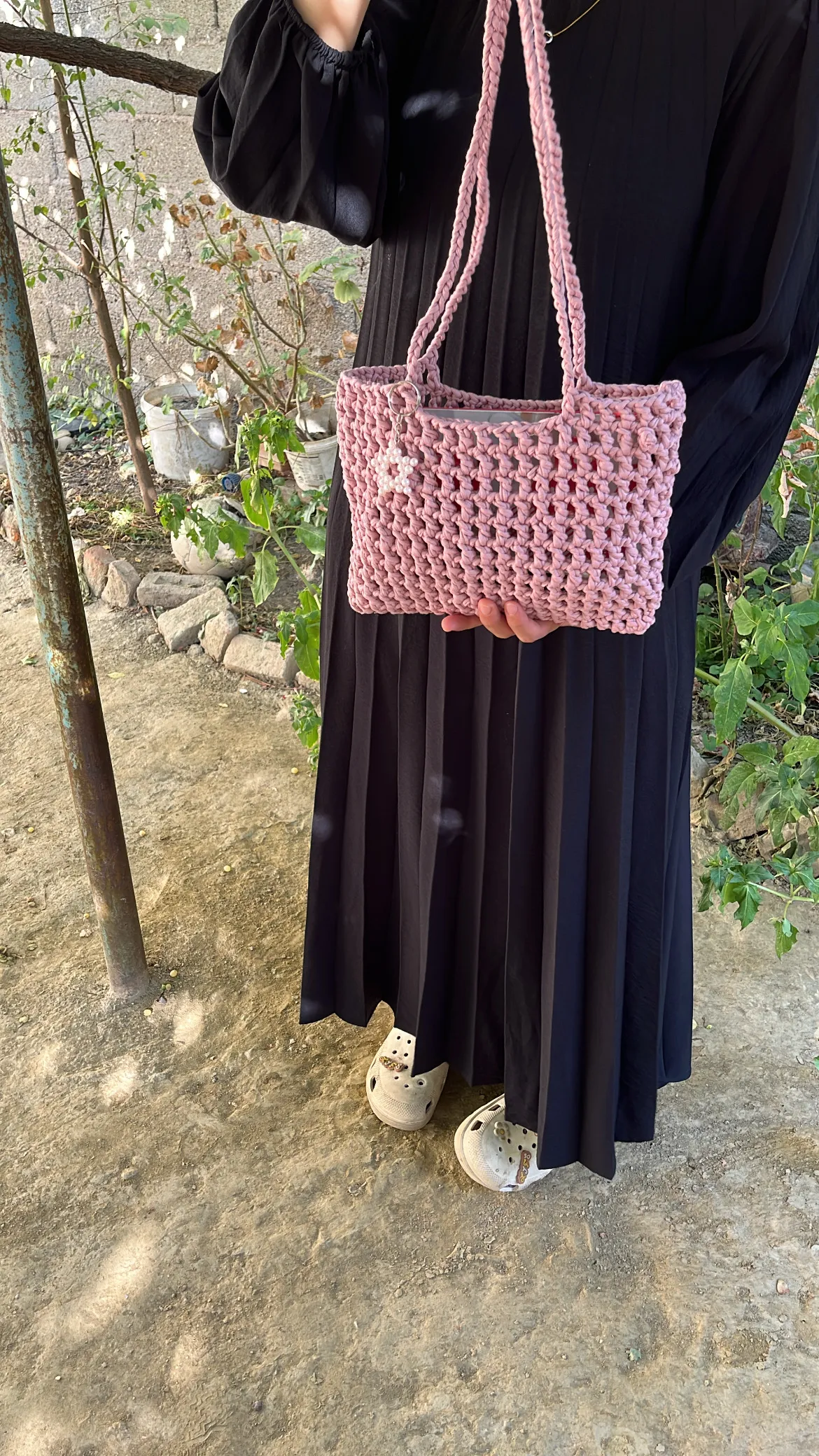 Pembe Penye İpten Örme Veronika Çanta - Anahtarlıklı ve El Emeği