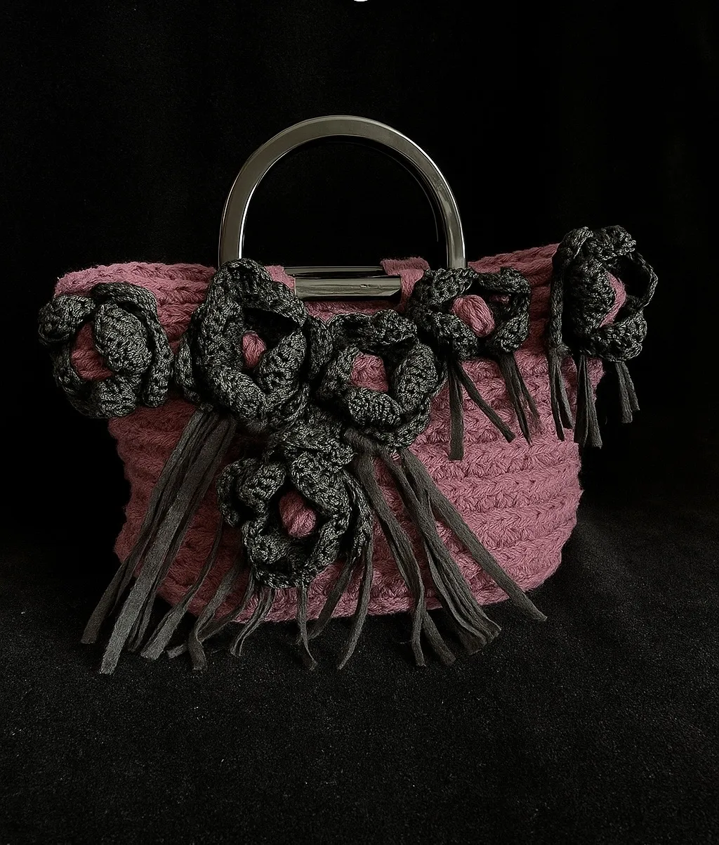 Purple Multi-Colored Rose Macrame Knit Mini Bag - Handmade