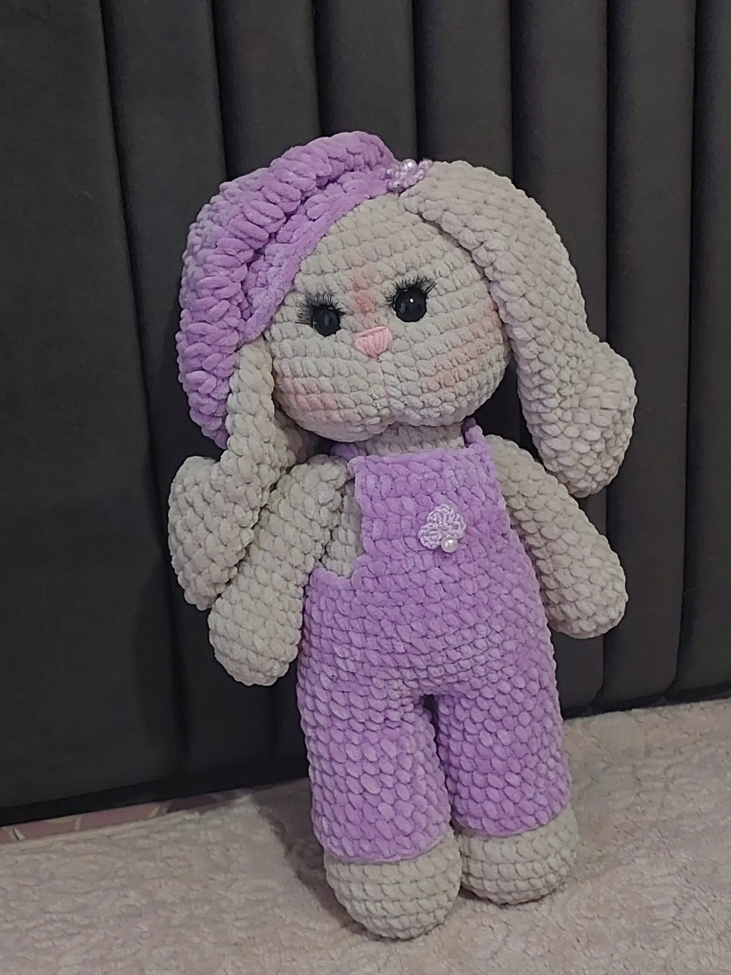 Purple Jumpsuit Knitted Toy Rabbit - Handmade with Himalaya Yarn