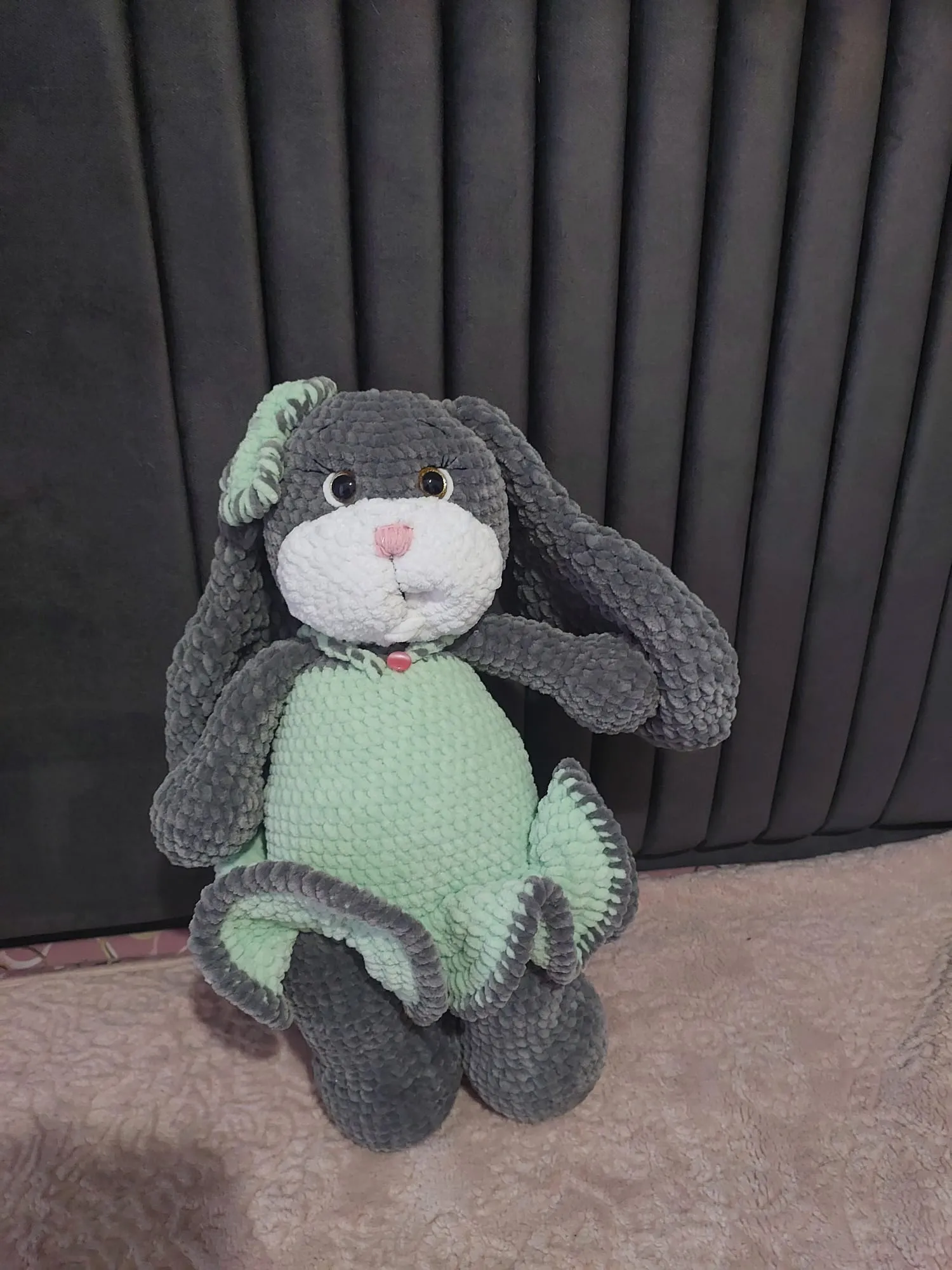 Grey and Mint Green Knitted Rabbit Amigurumi Toy from Velvet Yarn