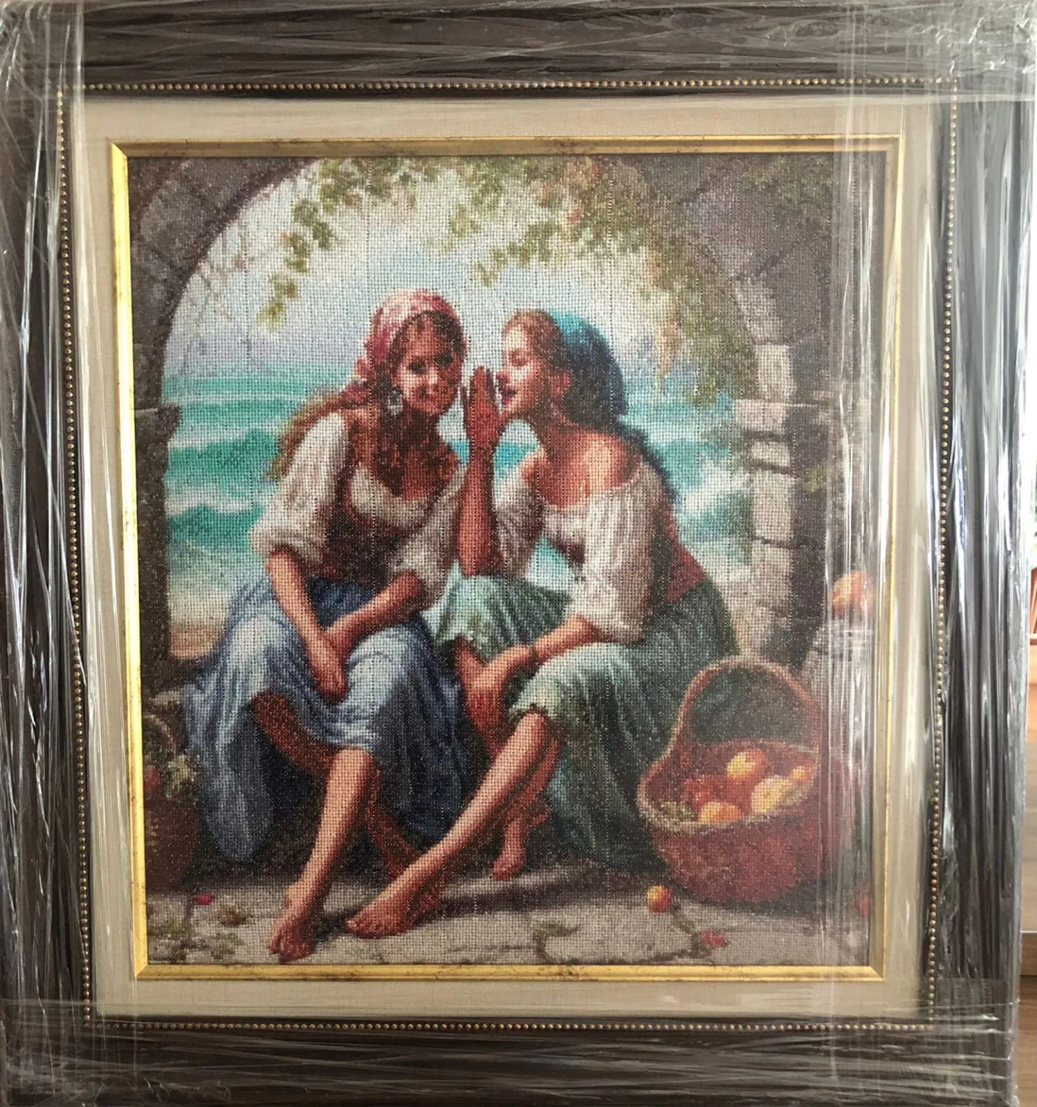 İşi Kanaviçe Tablo - İki Kız ve Deniz Manzaralı 58x55 cm - El