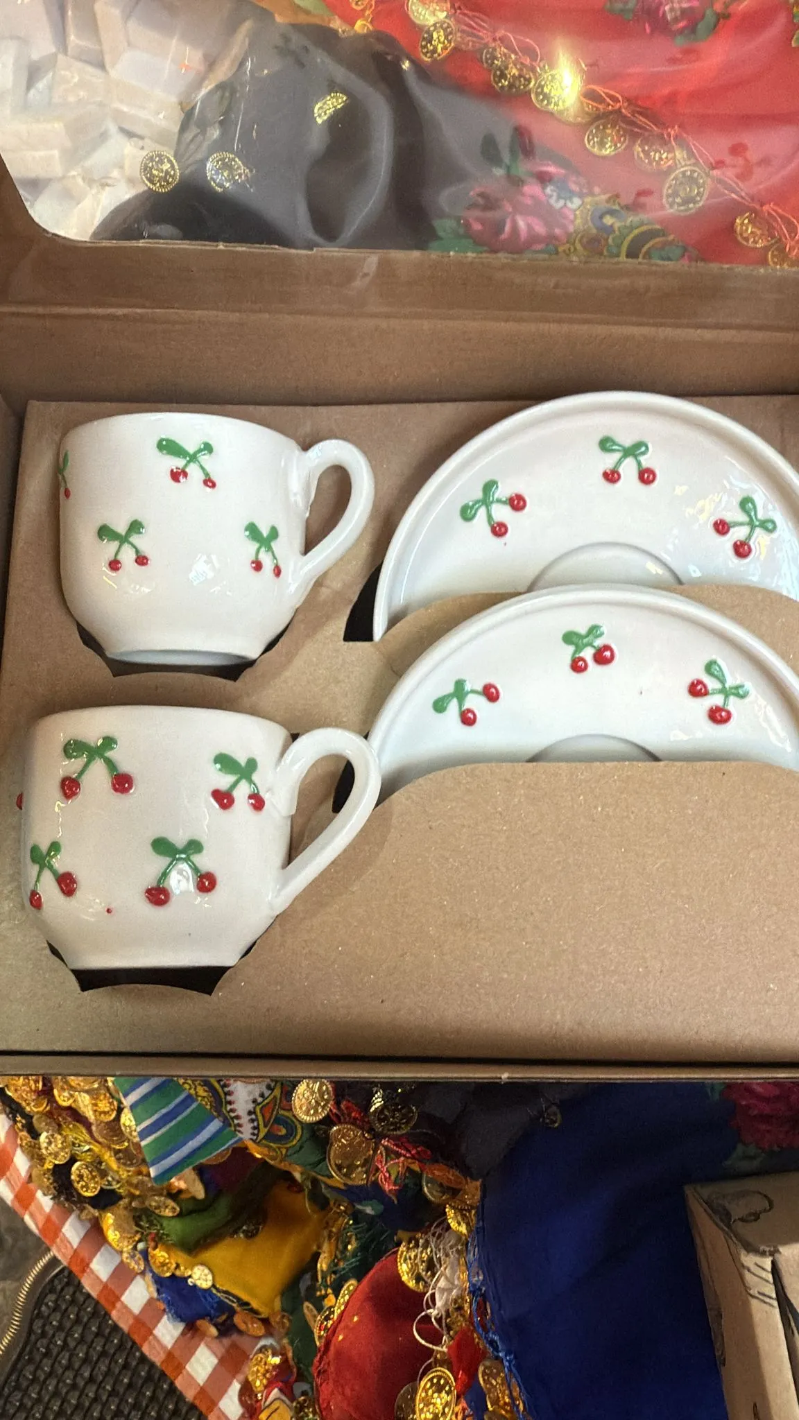 Cherry Patterned Porcelain Coffee Cup Set (For 2 People)