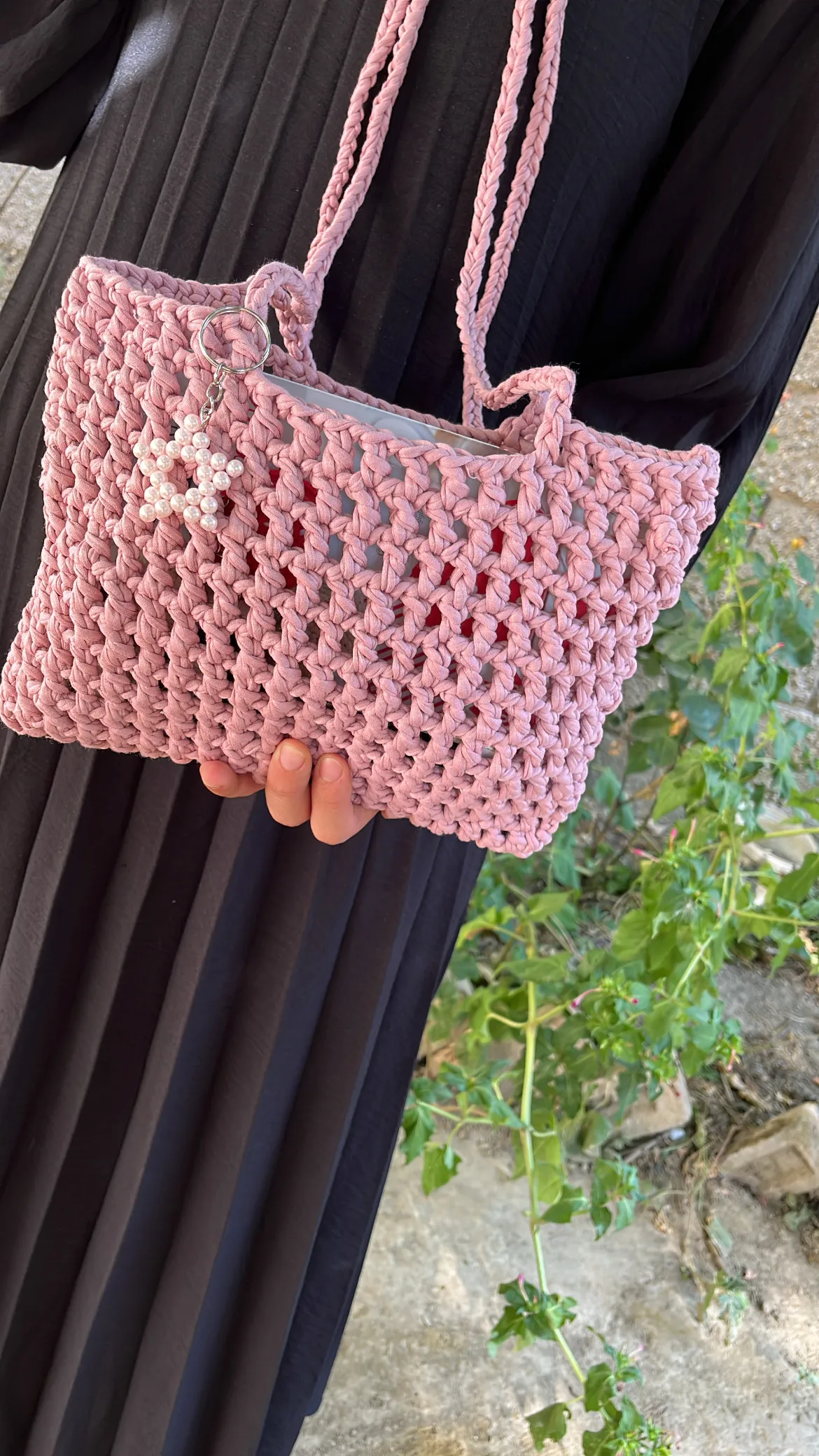 Pembe Penye İpten Örme Veronika Çanta - Anahtarlıklı ve El Emeği