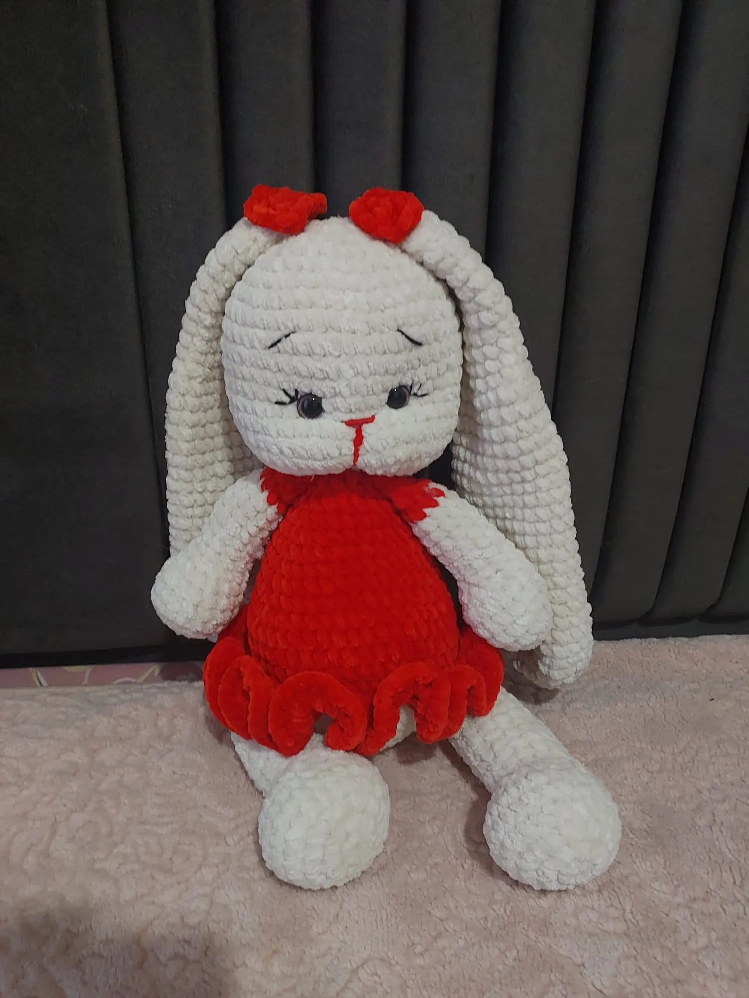 Knitted Rabbit Toy - White and Red Colored, Handmade Gift