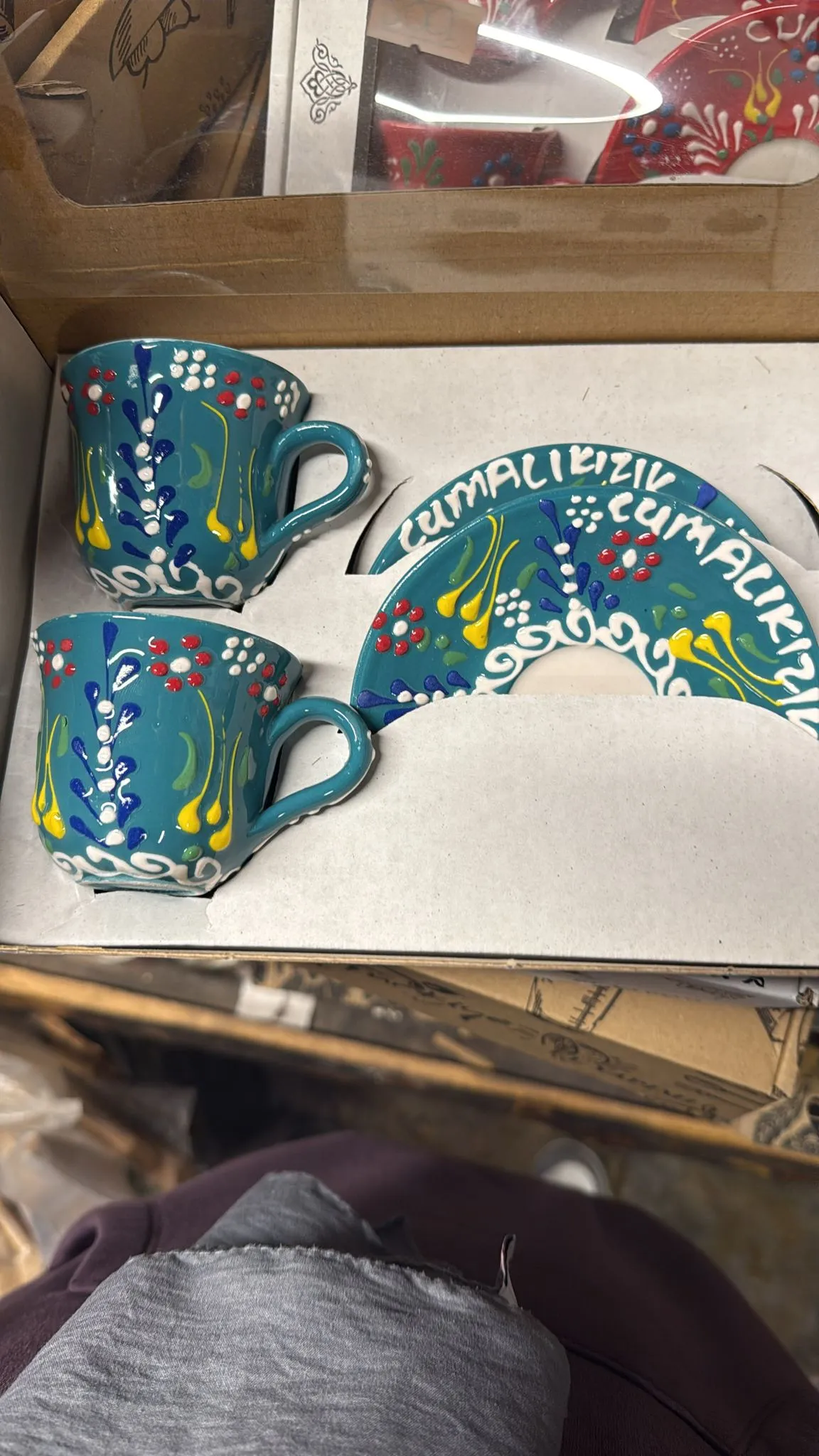 Turquoise Ceramic Cumalıkız Engraved Coffee Cup Set (2 Cups + 2 Plates)