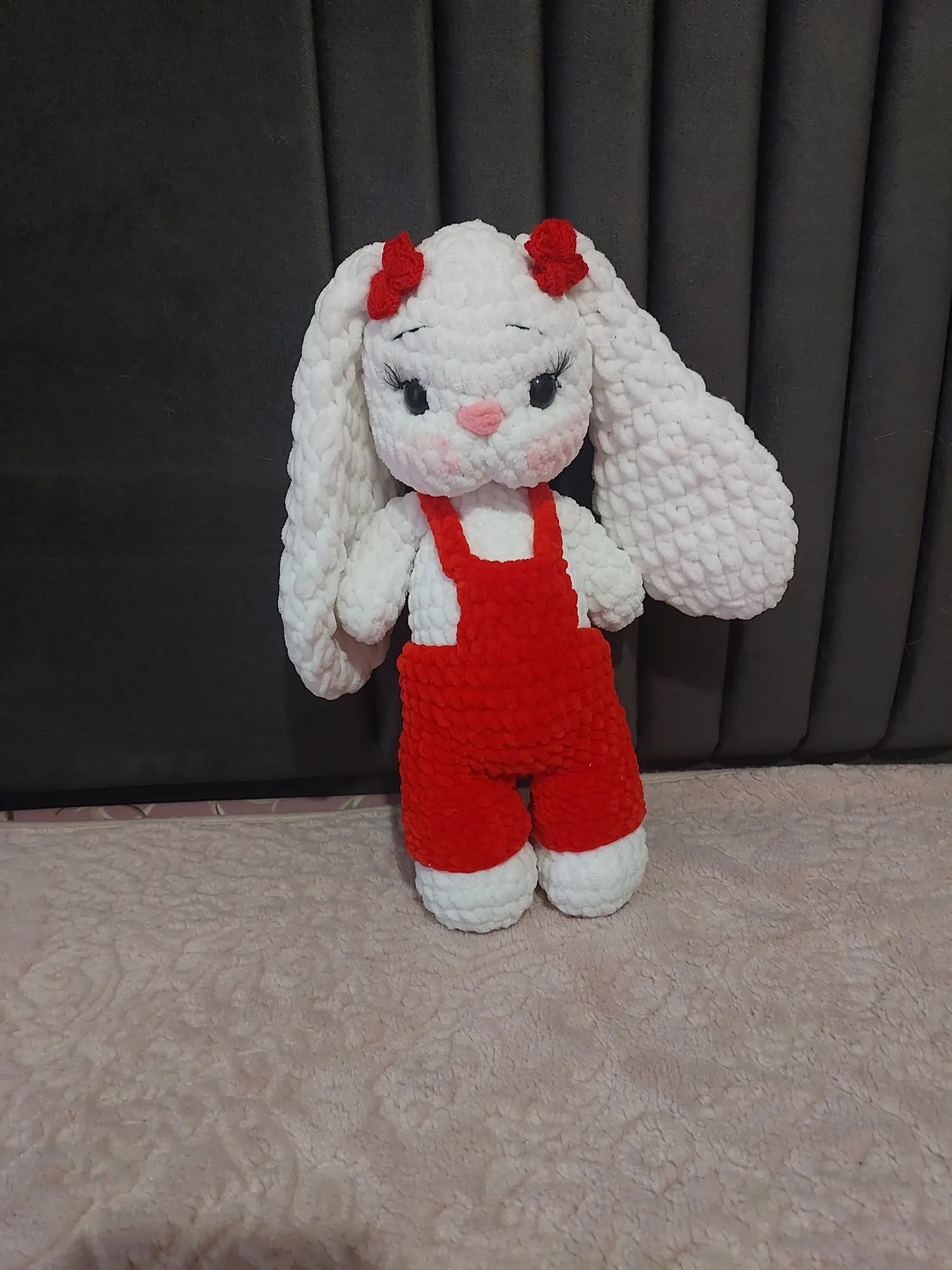 White Knitted Toy Rabbit - Red Jumpsuit and Himalayan Rope Detailed