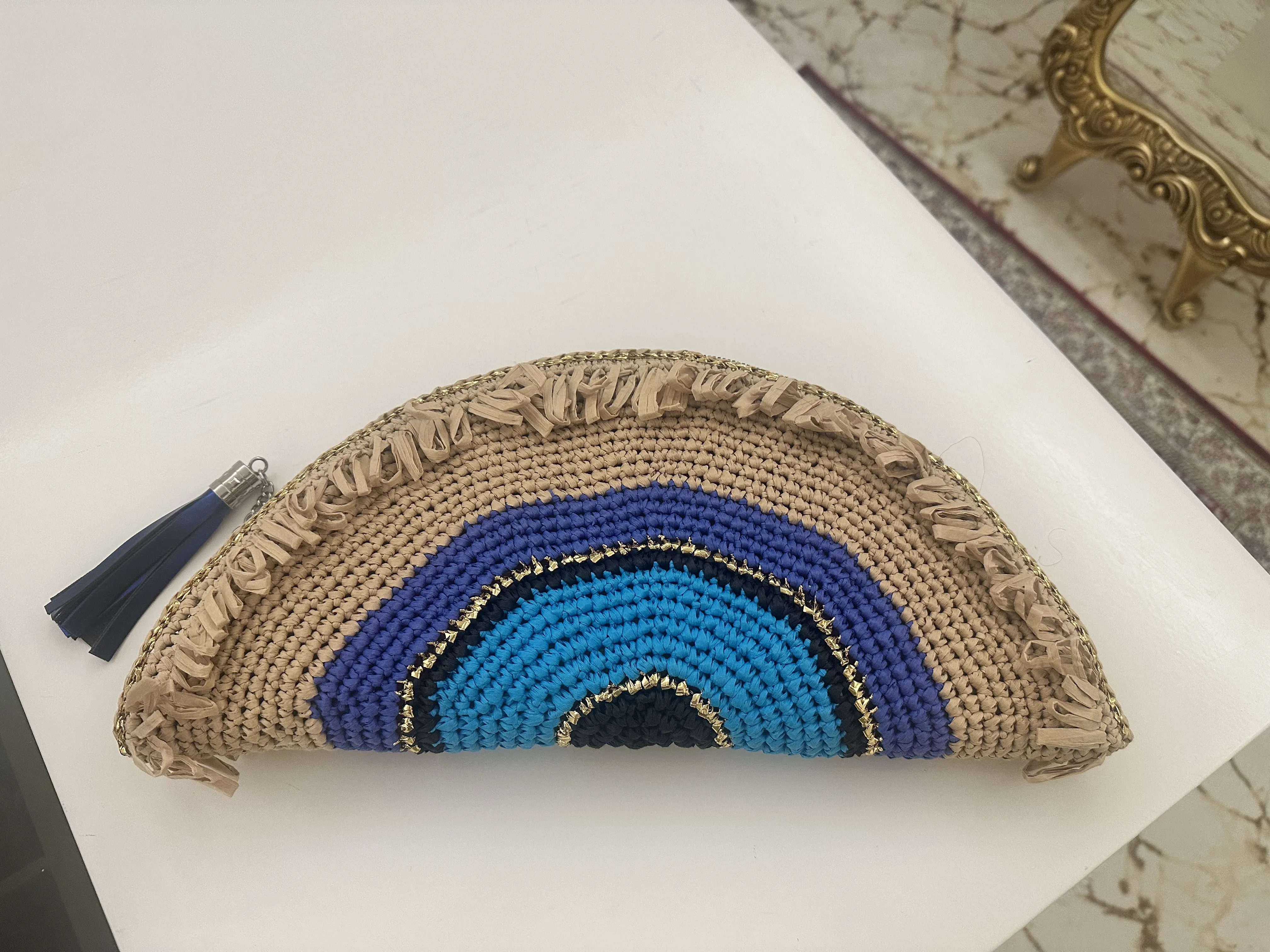 Rafya İp Örgü Nazar Boncuklu Clutch Çanta - El Yapımı