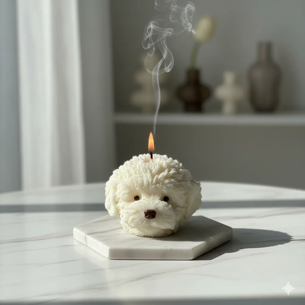 Köpek Şekilli Dekoratif Mum - Beyaz Peluş Görünümlü Tasarım