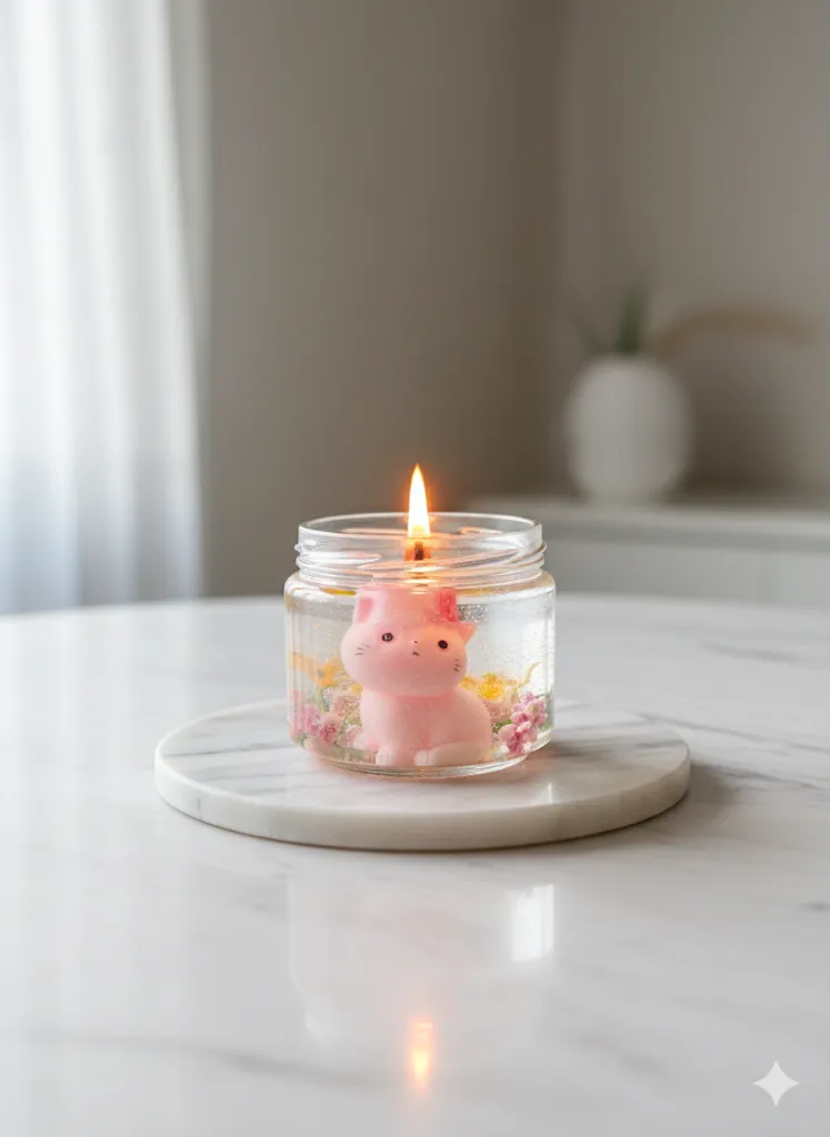 Pembe Kedi Figürlü Kavanoz İçinde Dekoratif Mum - Ev Hediyesi