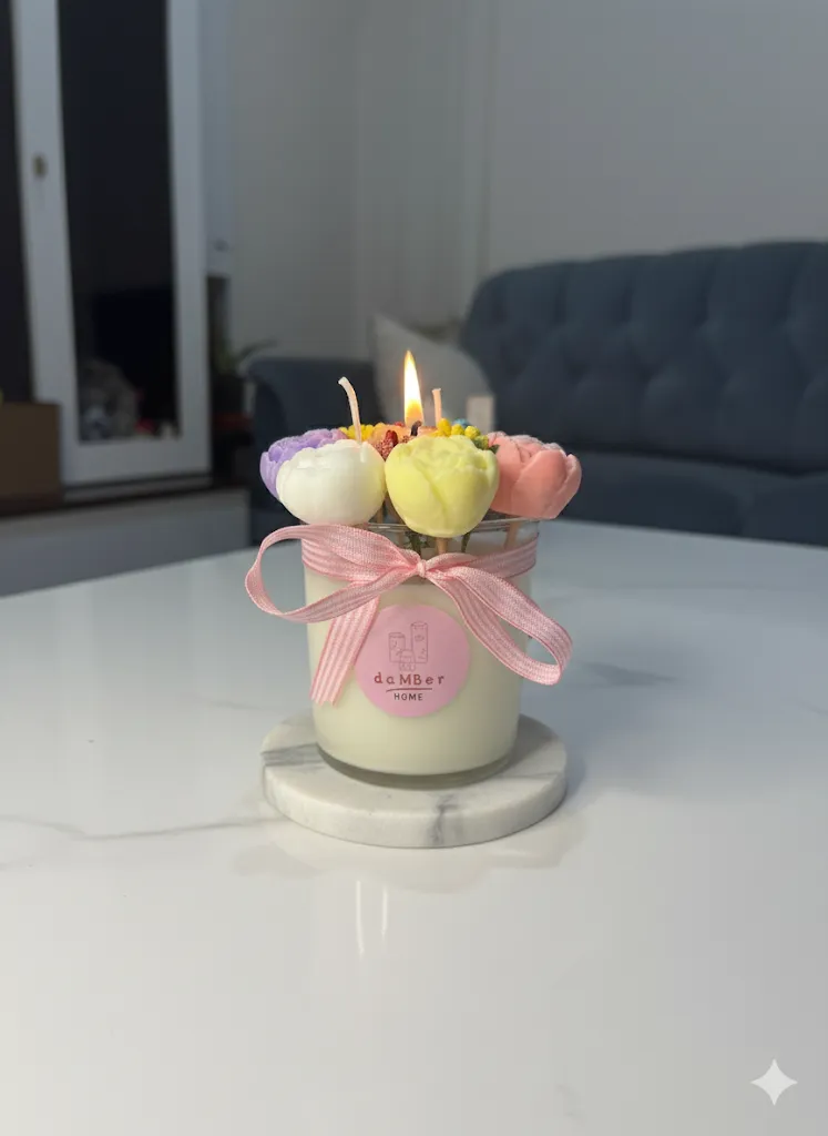 Çiçek Buketi Tasarımlı Cam Kavanoz Mum