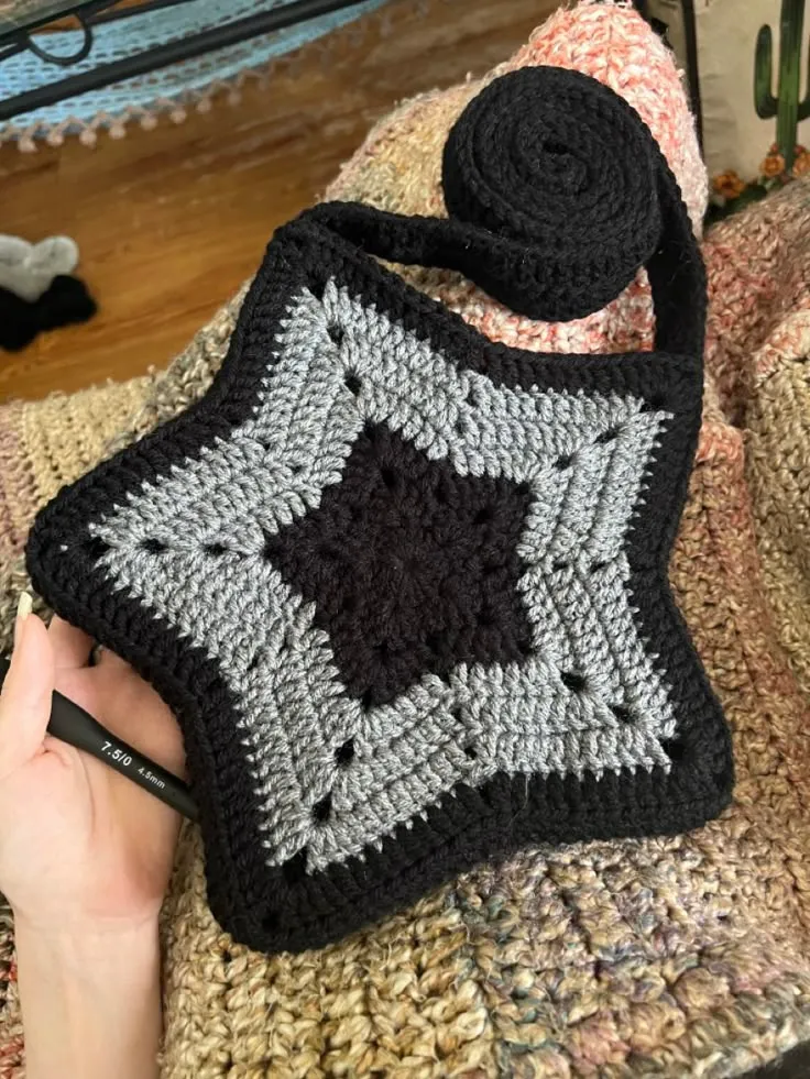 Black and Gray Star Pattern Knitted Bag - Shoulder Strap - Handmade