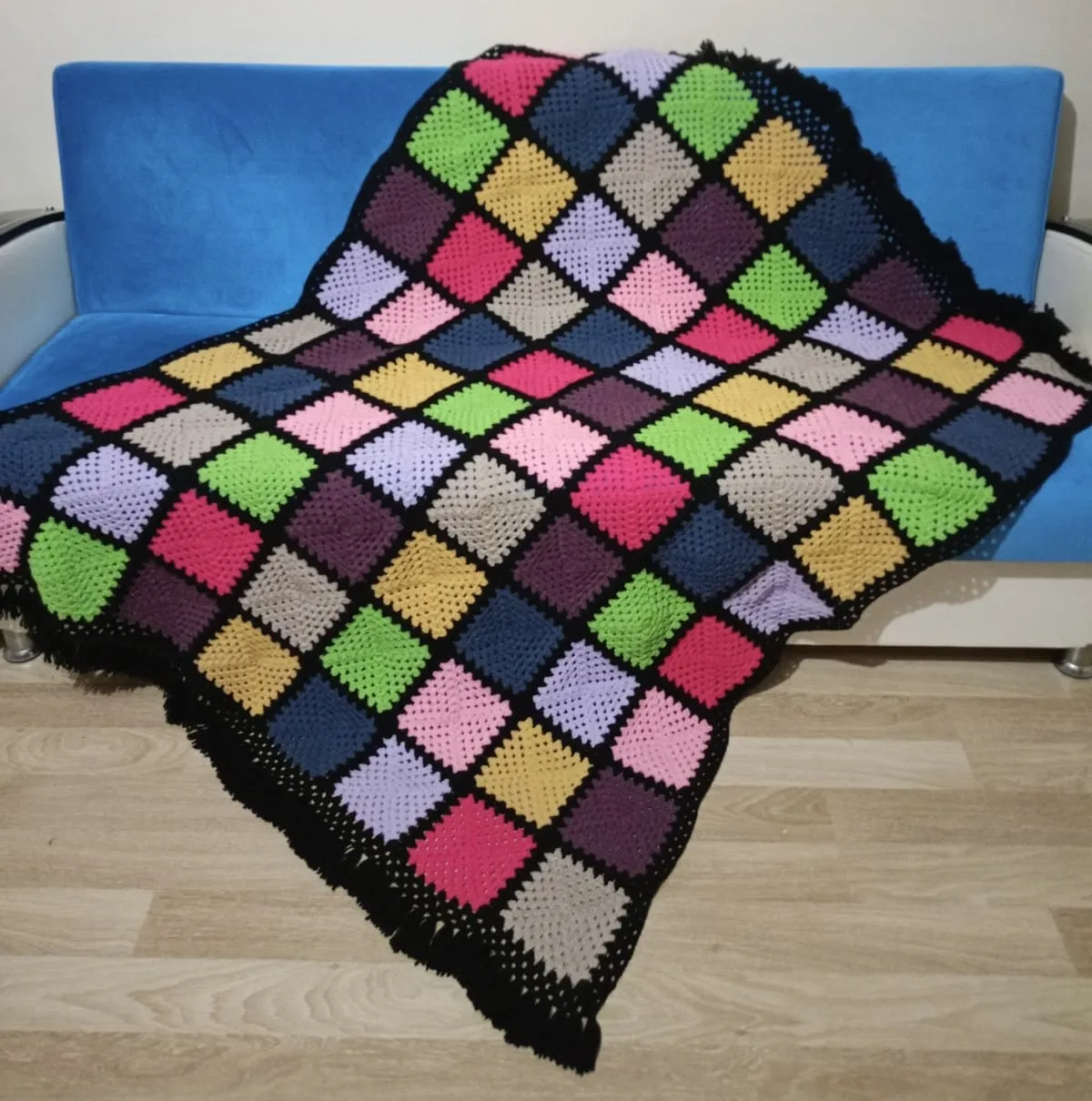 Colorful Square Motif Blanket - Handmade Knitted Design Blanket