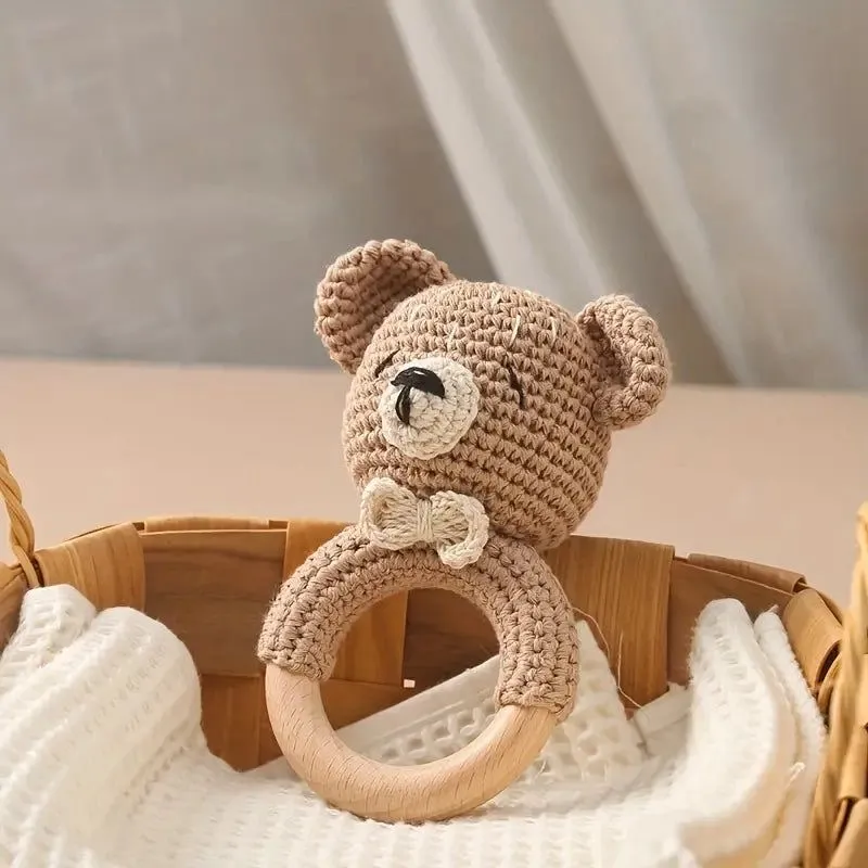 Knitted Bear Figured Wooden Rattle Toy - Amigurumi Baby Toy