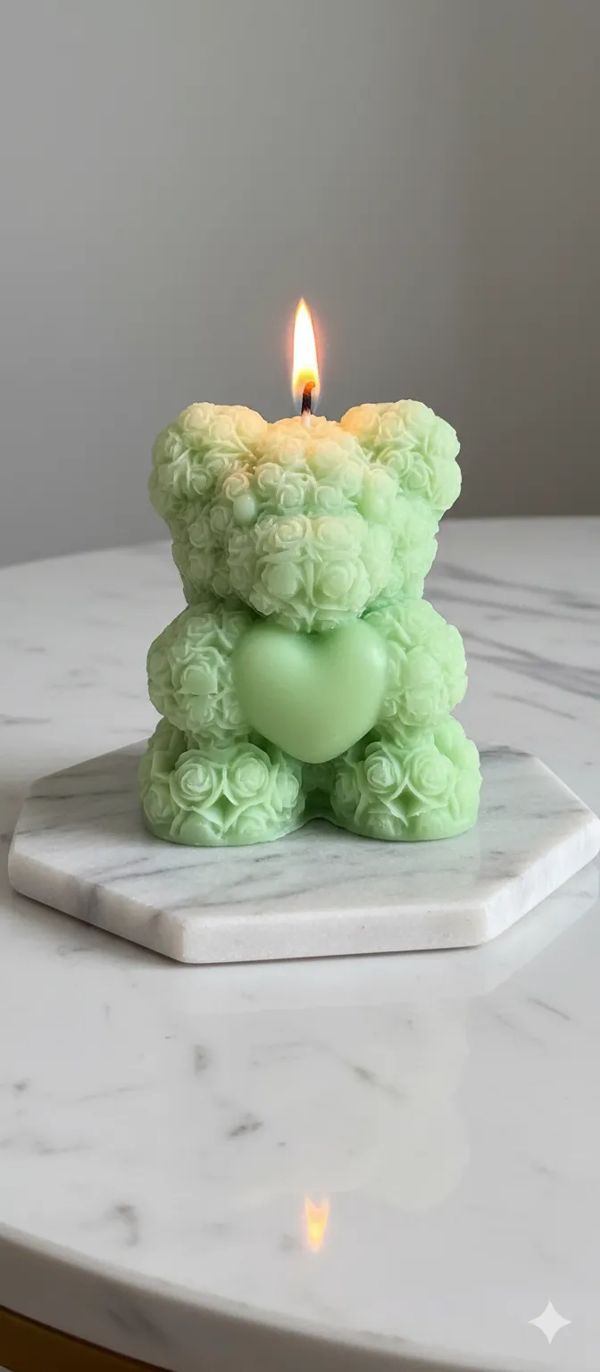 Kalp Detaylı Yeşil Ayıcık Dekoratif Mum