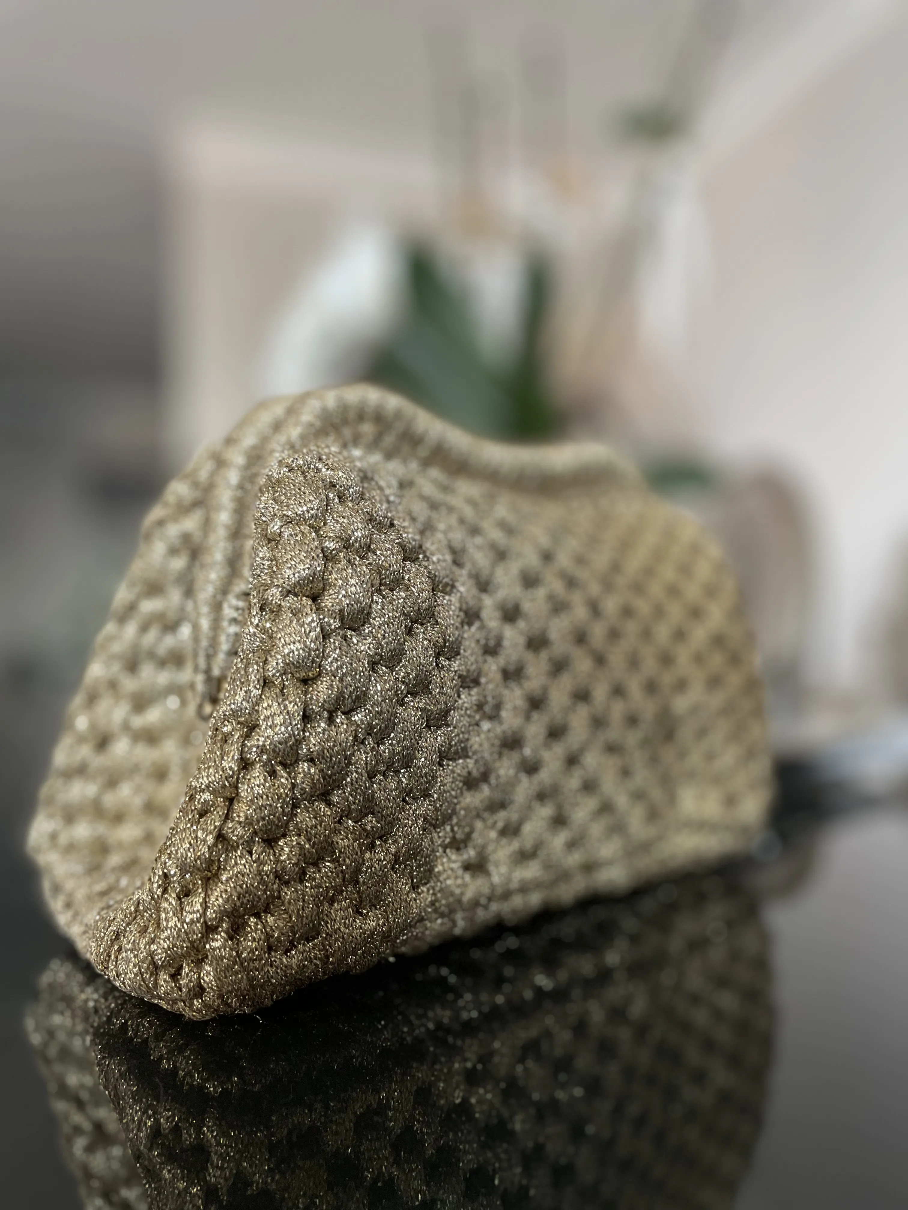 Altın Simli Örgü Clutch - Burslu Şık Davet Çantası (El Emeği)