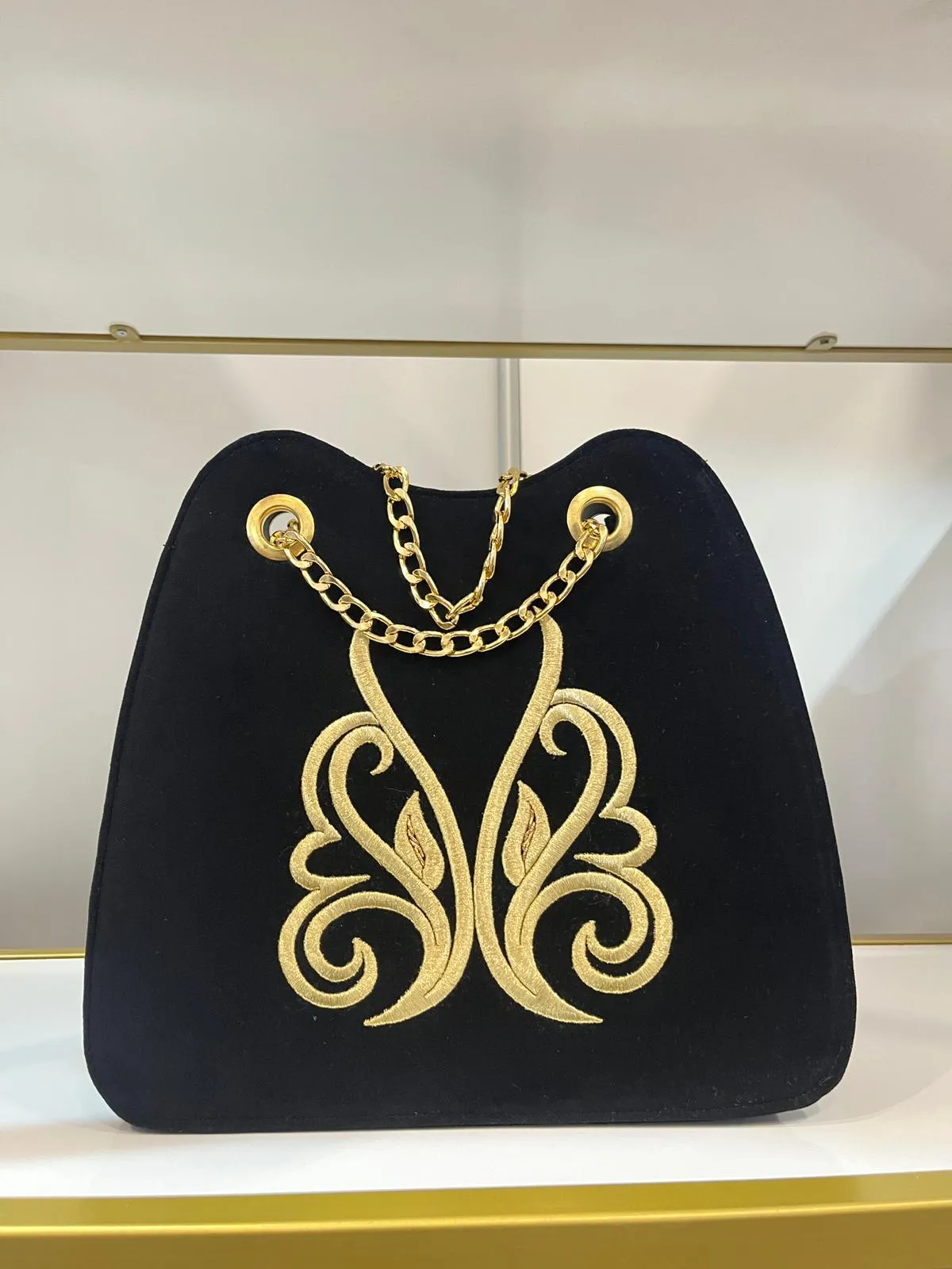 Women's Black Velvet Gold Embroidered Chain Strap Shoulder Bag