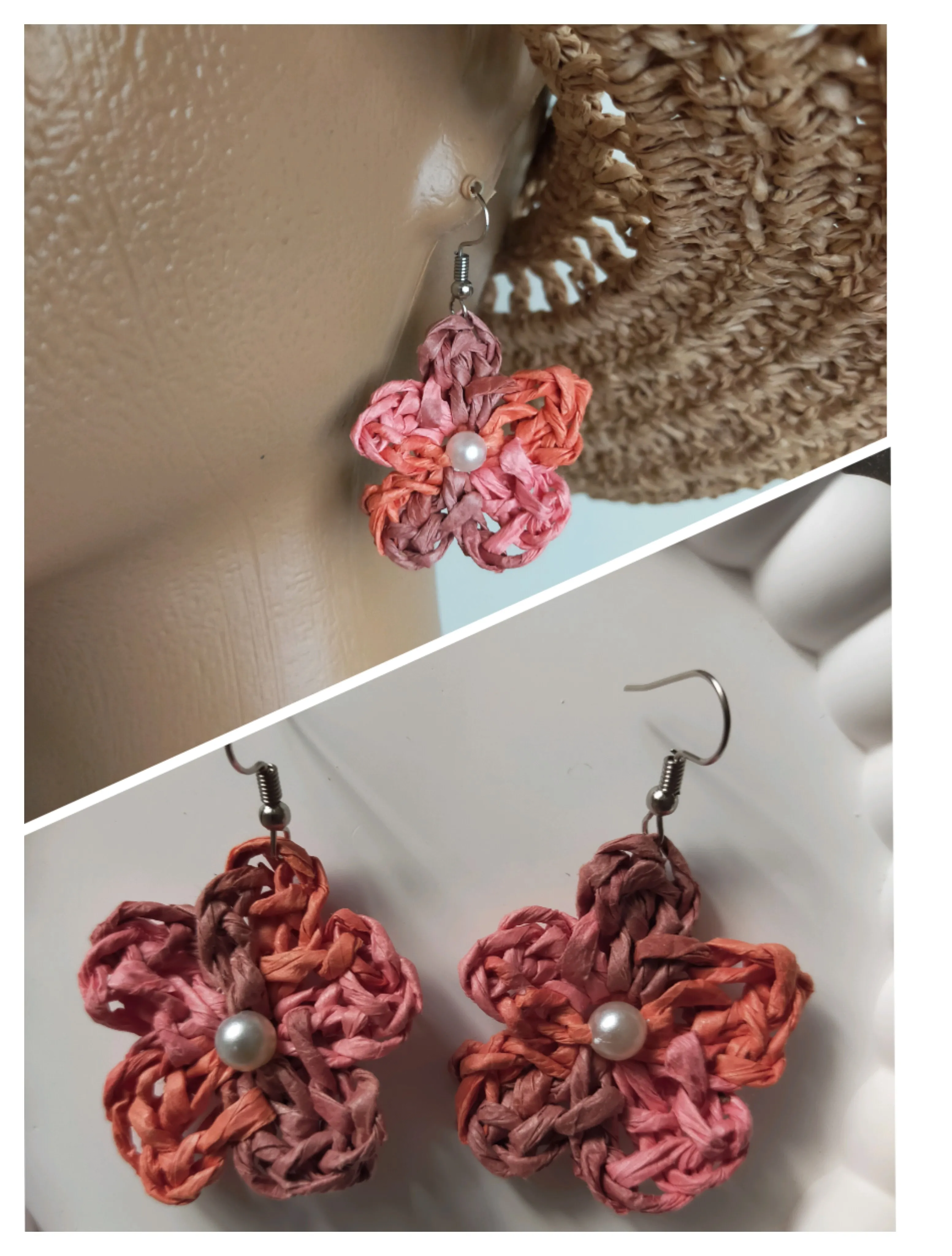 Pink and Orange Paper Yarn Flower Earrings with Pearl Detail - Handmade