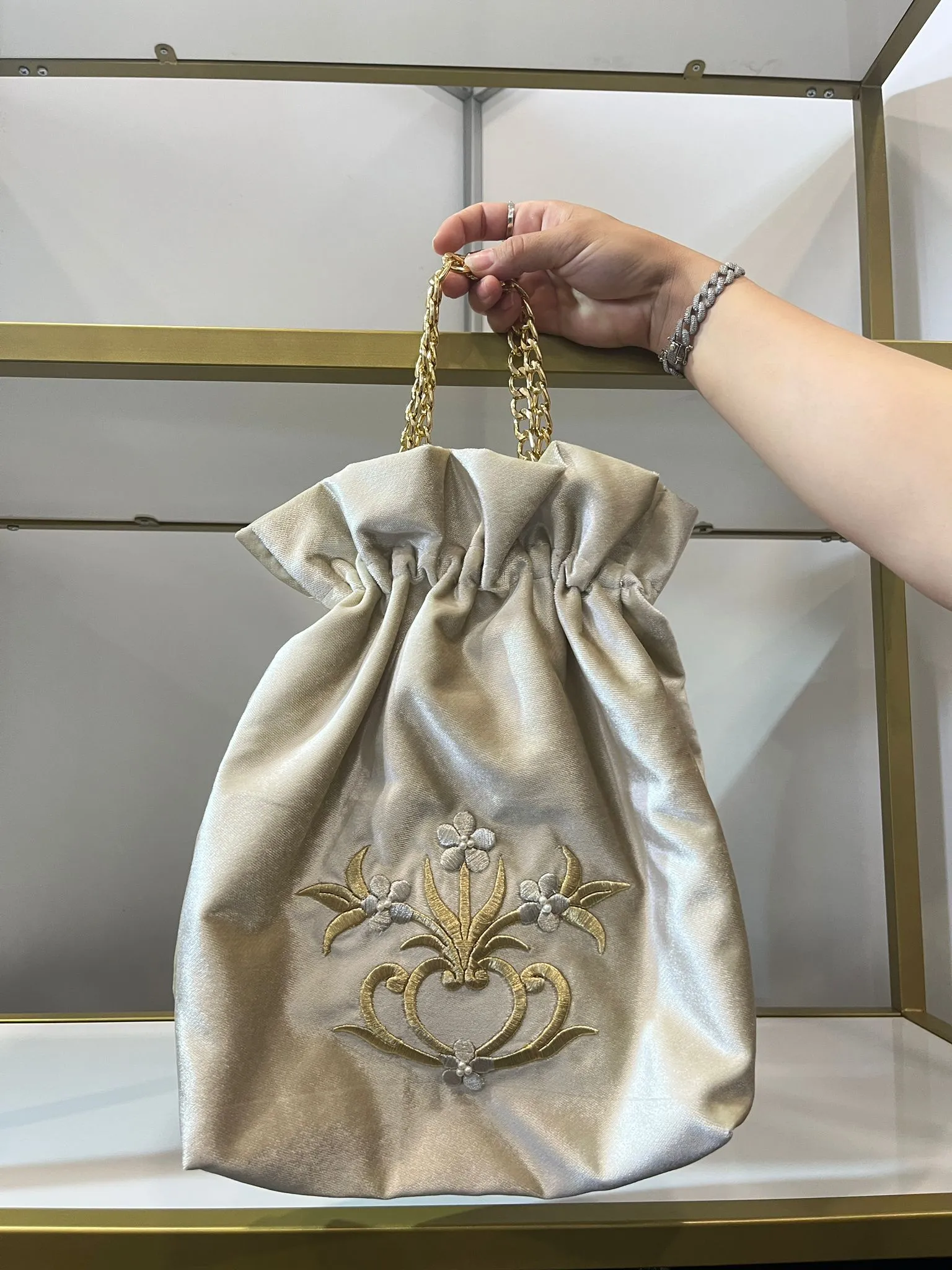 Silk Look Velvet Embroidered Chain Strap Bag
