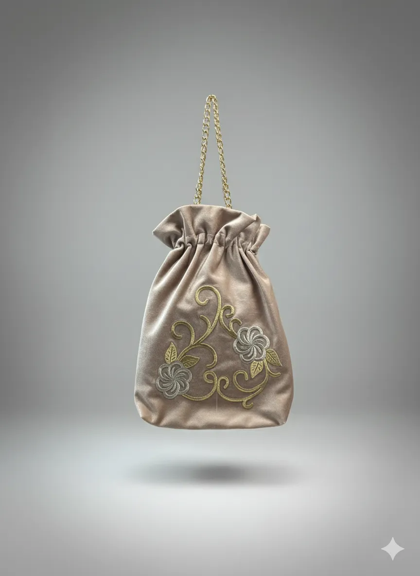 Beyaz Kadife İşlemeli Çanta