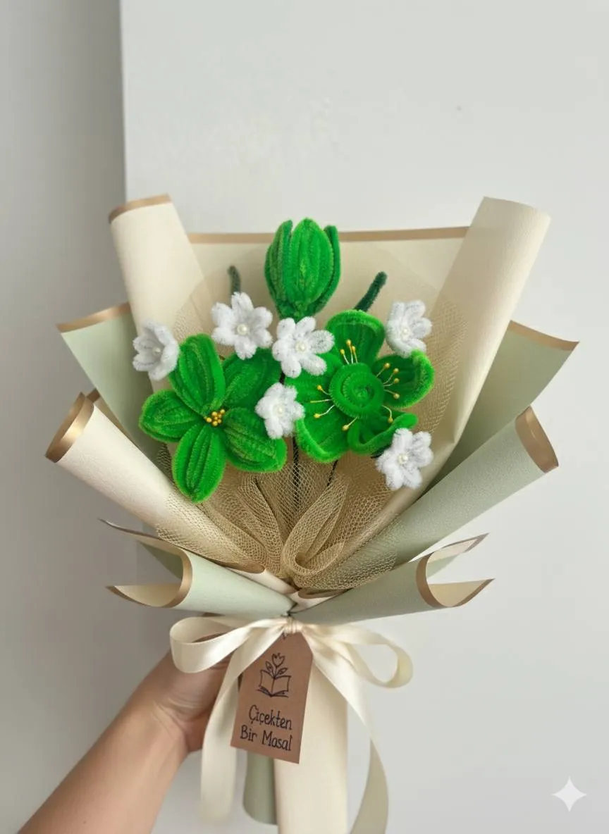 Chenille Yarn Green and White Flower Bouquet - A Breath of Spring