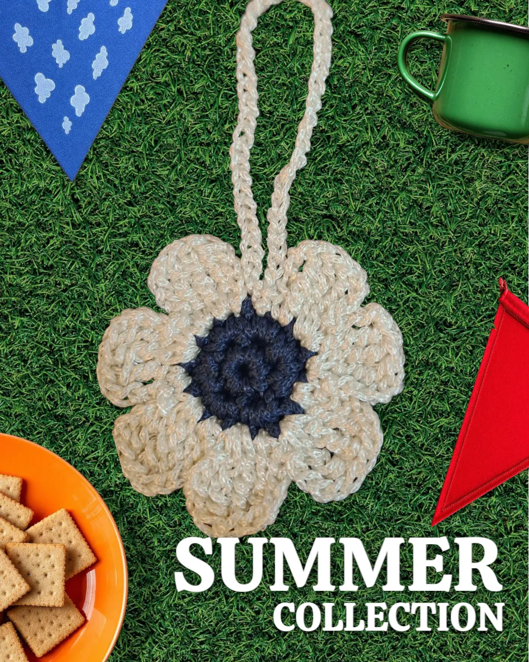 Navy Blue Macrame Flower Bag Charm / Keychain - Handmade