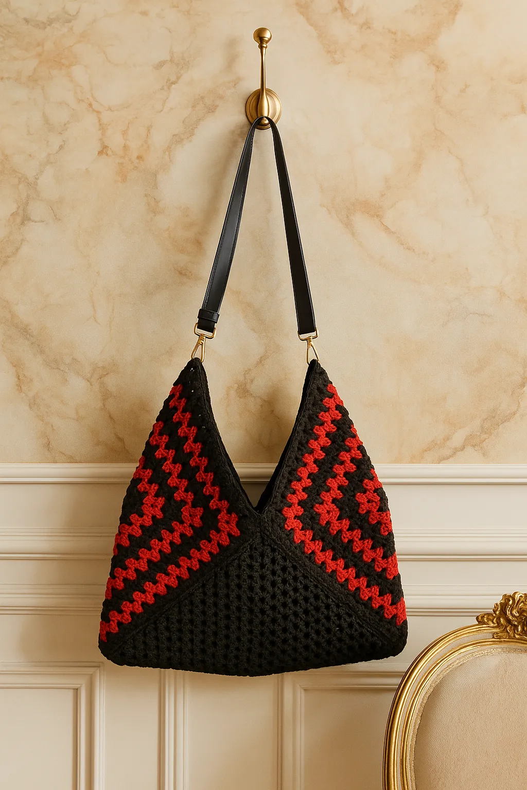 Red and Black Macrame Rope Detailed Leather Shoulder Hobo Bag