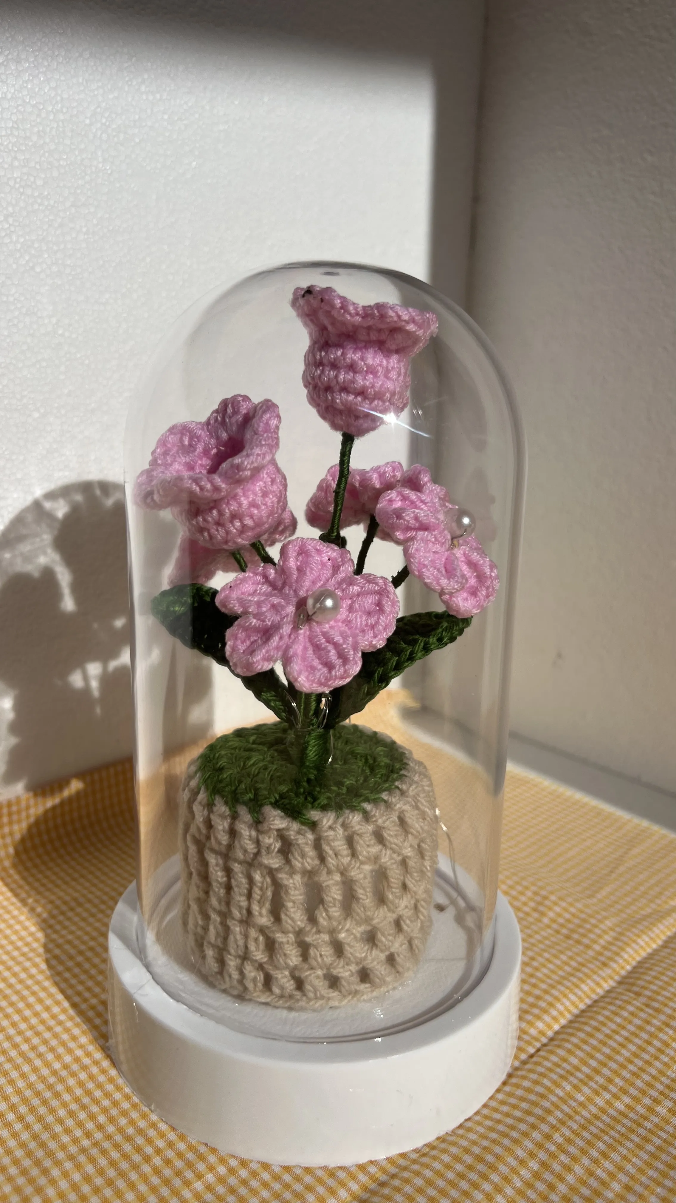 Pink Knitted Flower Arrangement in Glass Cloche with Pearl Details