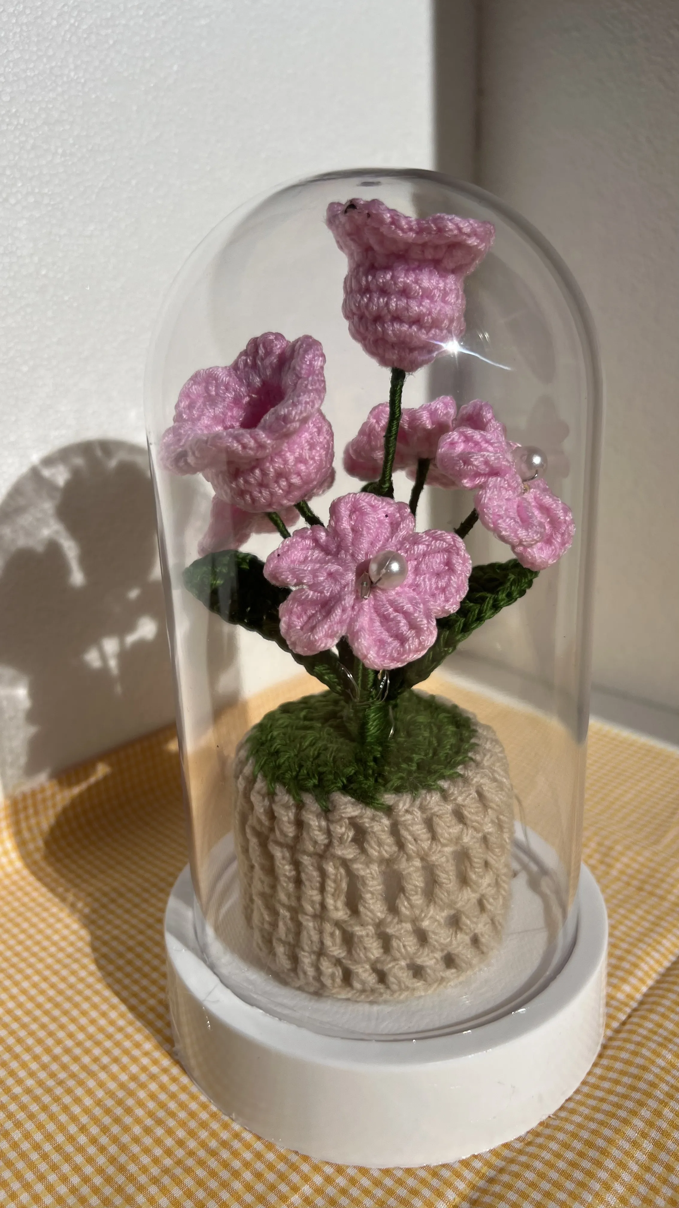 Pink Knitted Flower Arrangement in Glass Cloche with Pearl Details