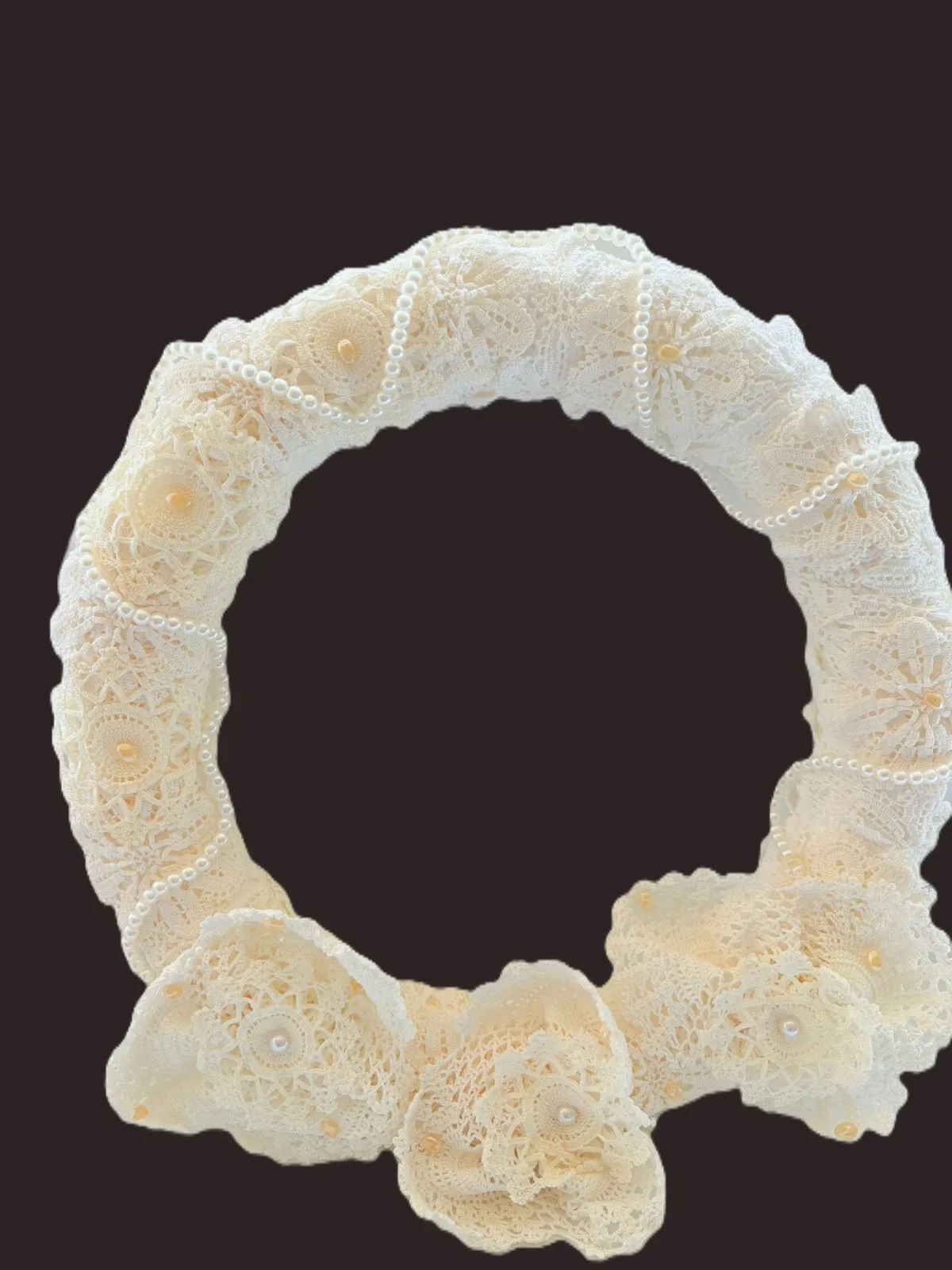 Cream Lace Door Wreath - Pearl Detailed Decorative Ring - Handmade