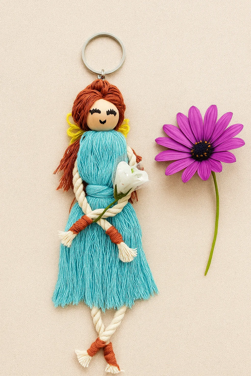Turquoise Dress and Coffee-Colored Hair Macrame Doll Keychain - Handmade