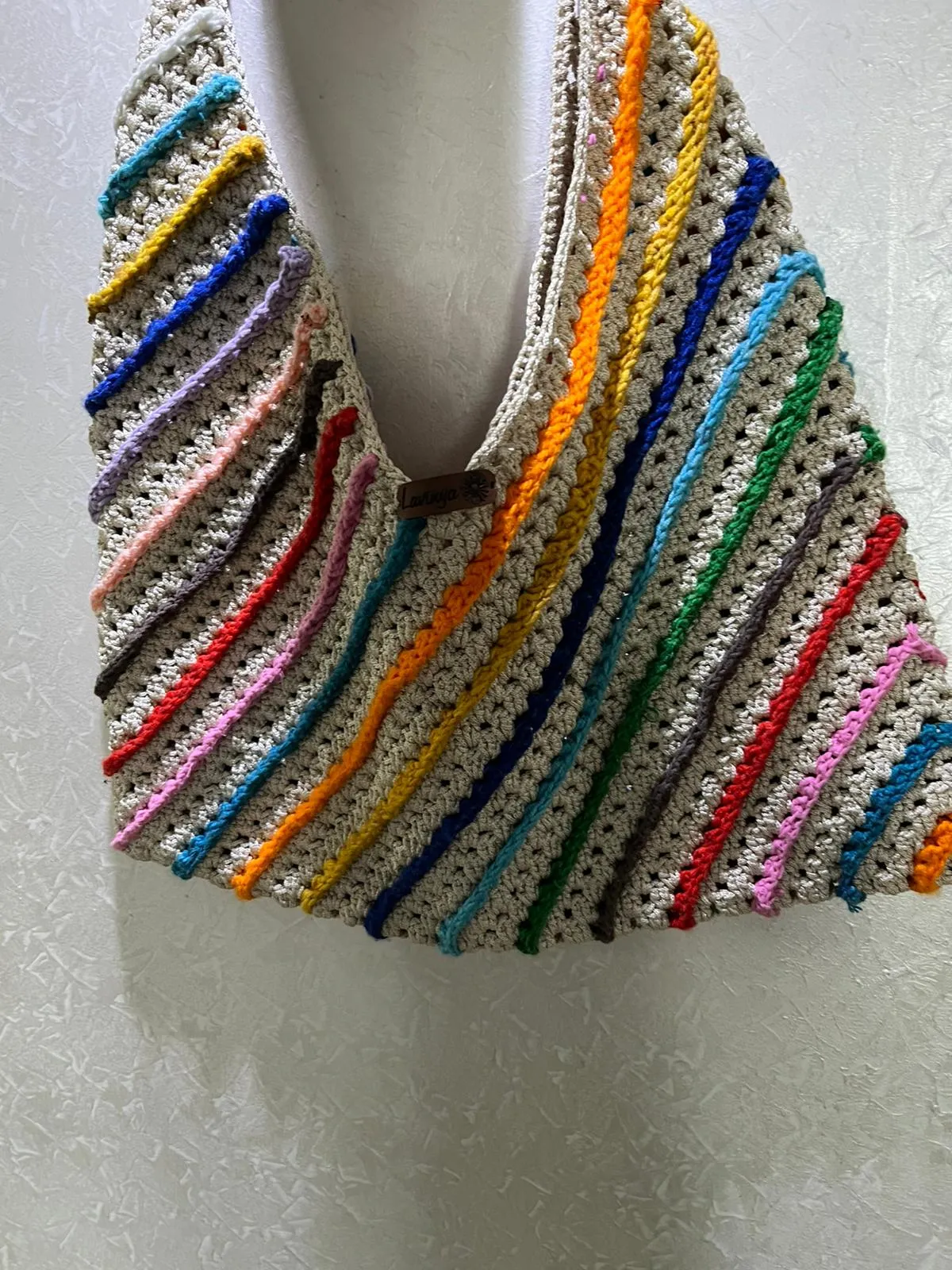 Knitted Beach Bag - Colorful Striped Detail, Hand-Knitted Design