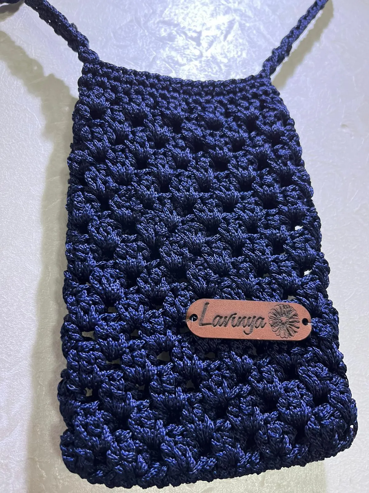 Navy Blue Macrame Knitted Phone Bag - Handmade Design with Strap