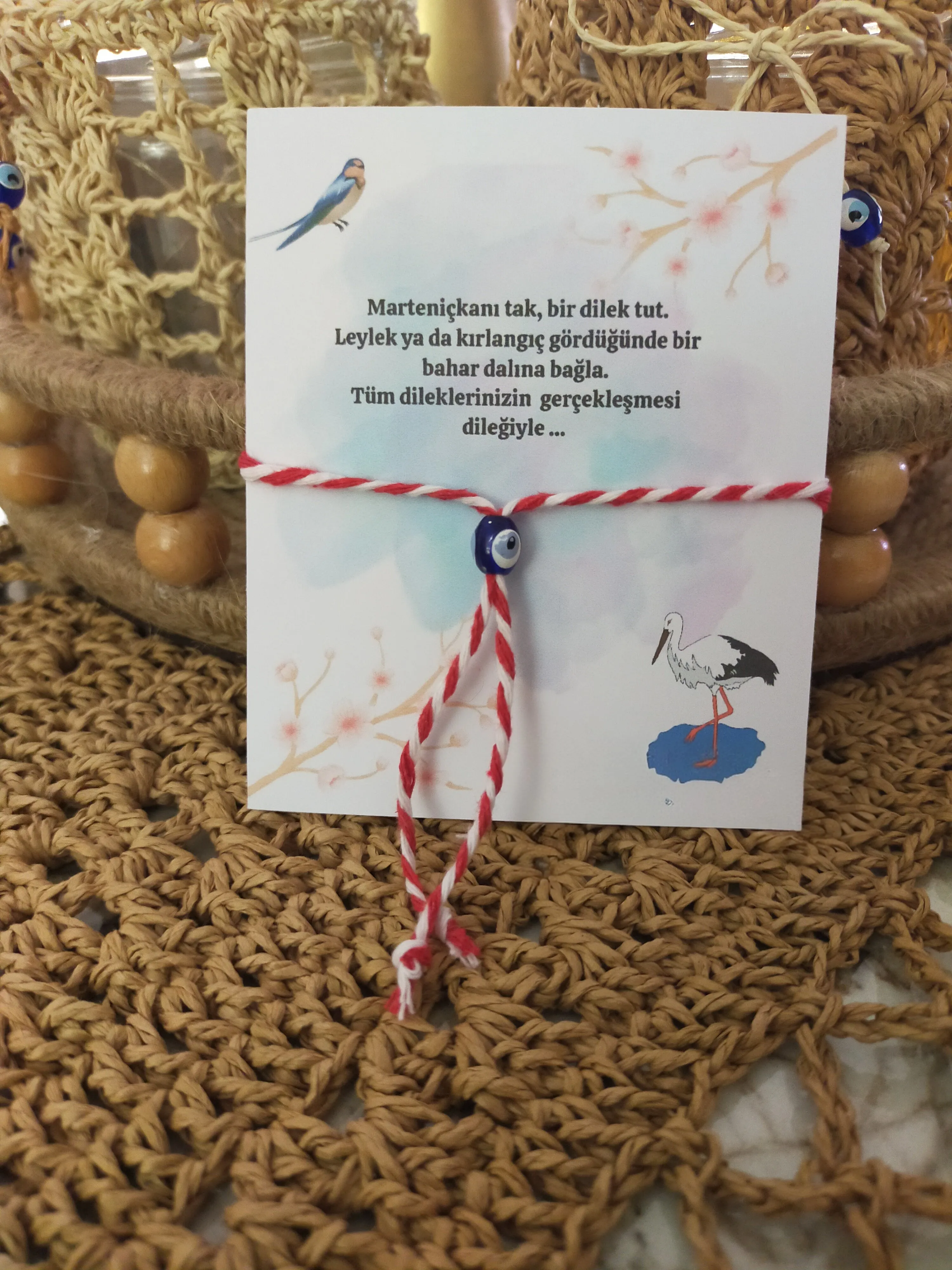 Red and White Threaded Martenitsa Bracelet with Nazar Boncuk - 5 Pieces