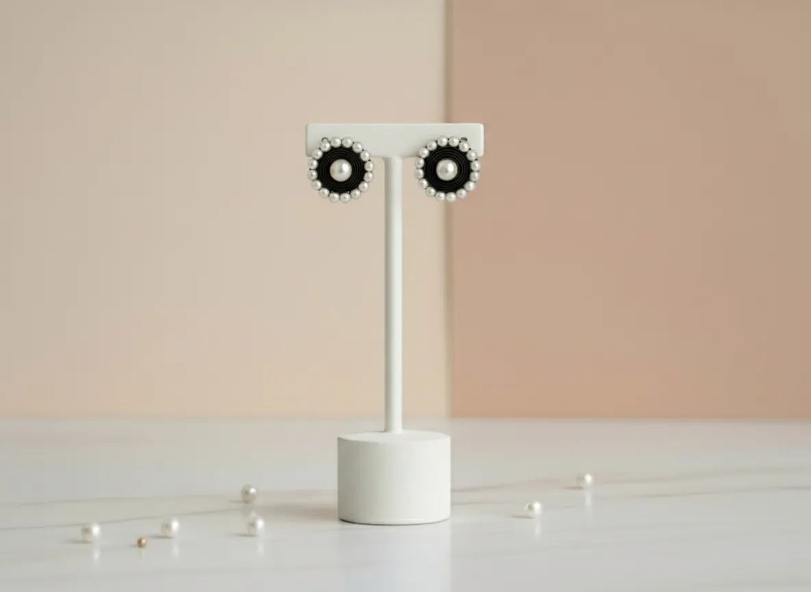 Tam Tur İnci Çerçeveli Siyah Kordon Yuvarlak Küpe