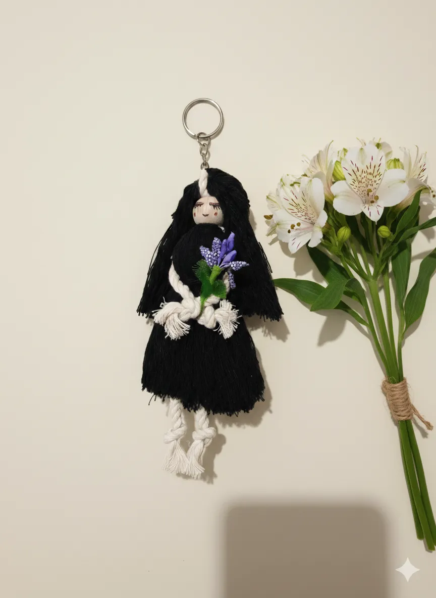 Macrame Baby Keychain - Black Haired Bag Accessory - Handmade