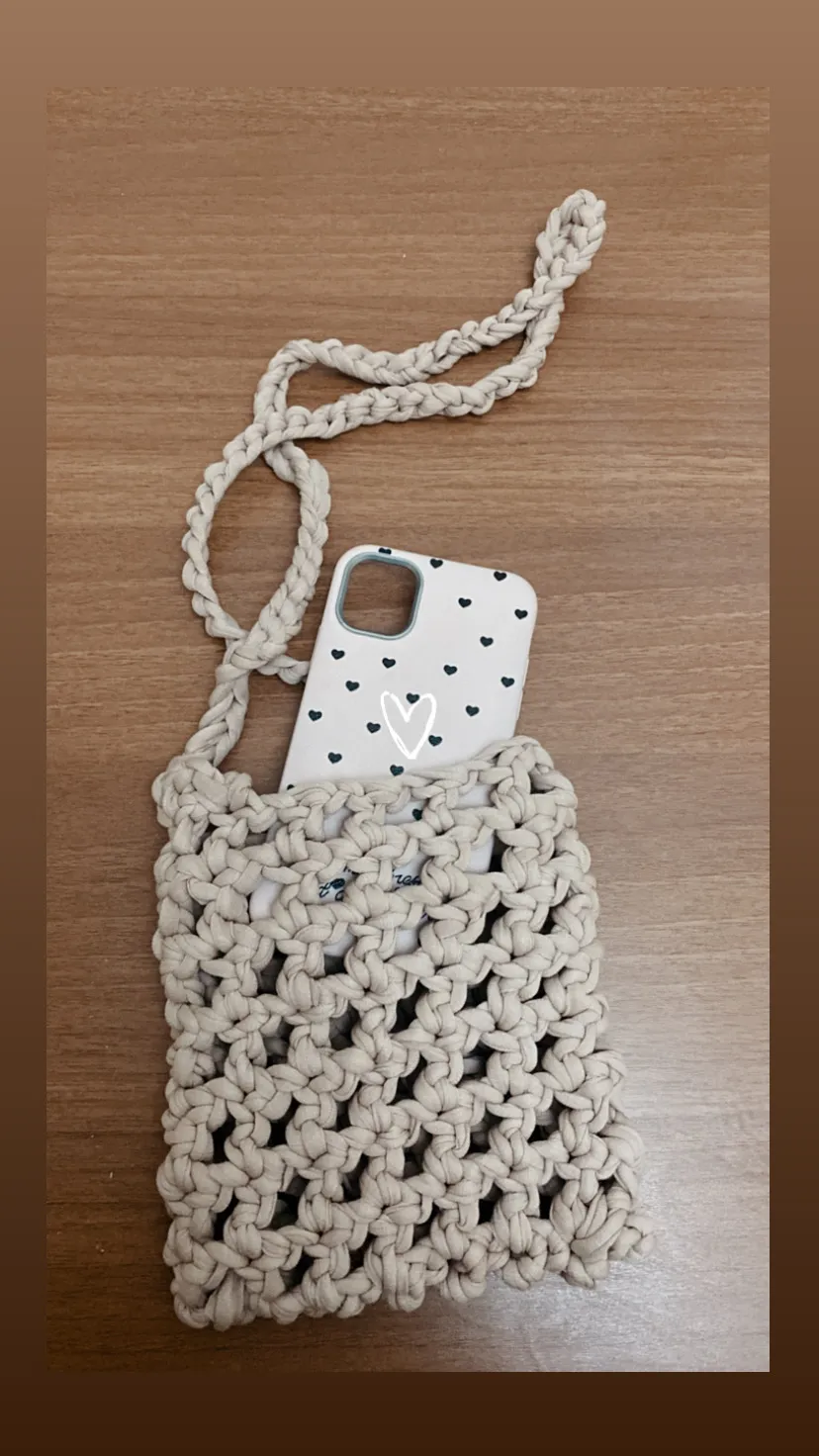 Beige Knitted Phone Holder with Strap - Handmade Macrame Cord
