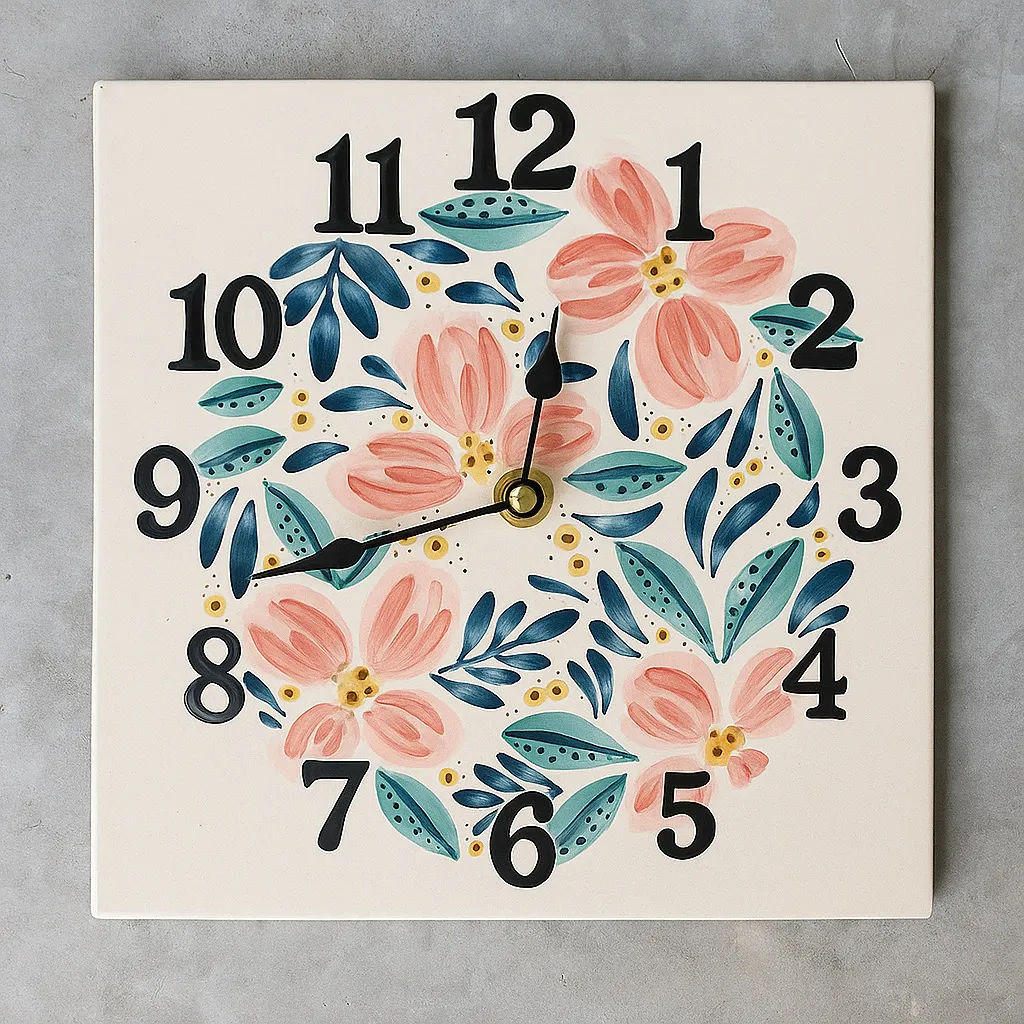 Flower Patterned Square Iznik Tile Wall Clock - Handmade 20x20
