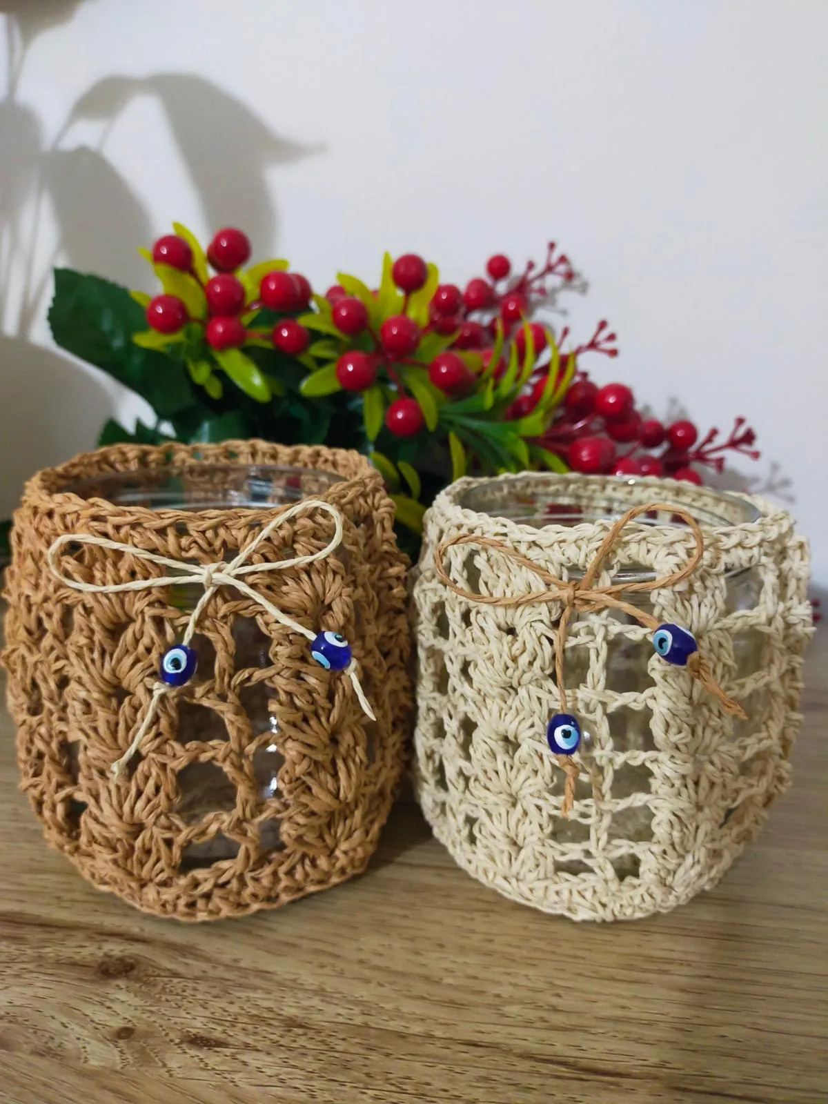 Paper Rope Knitted Candle Holder Set - Evil Eye Decorative Handmade
