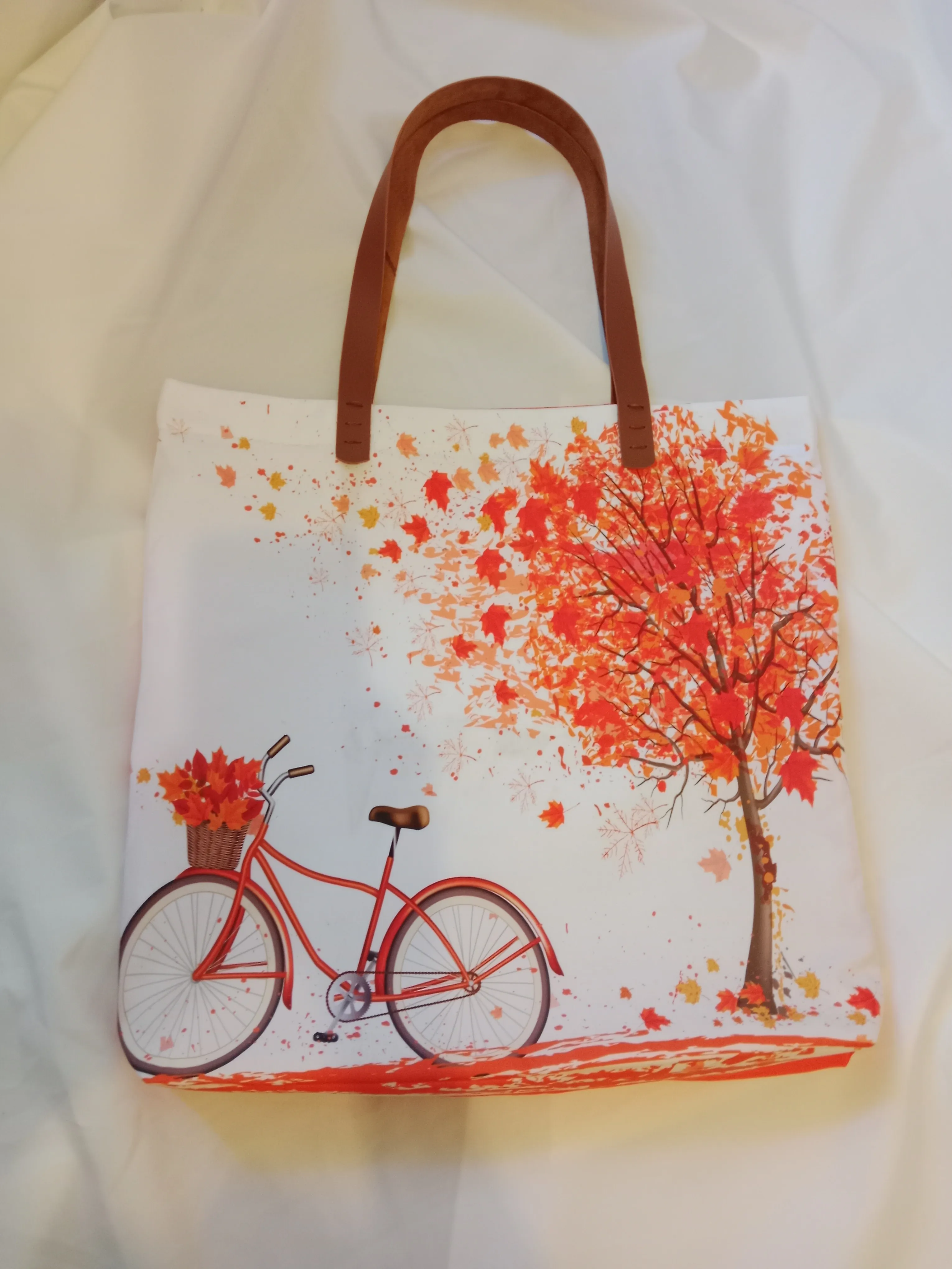 Autumn Cycling Themed Design Bag with Leather Handles