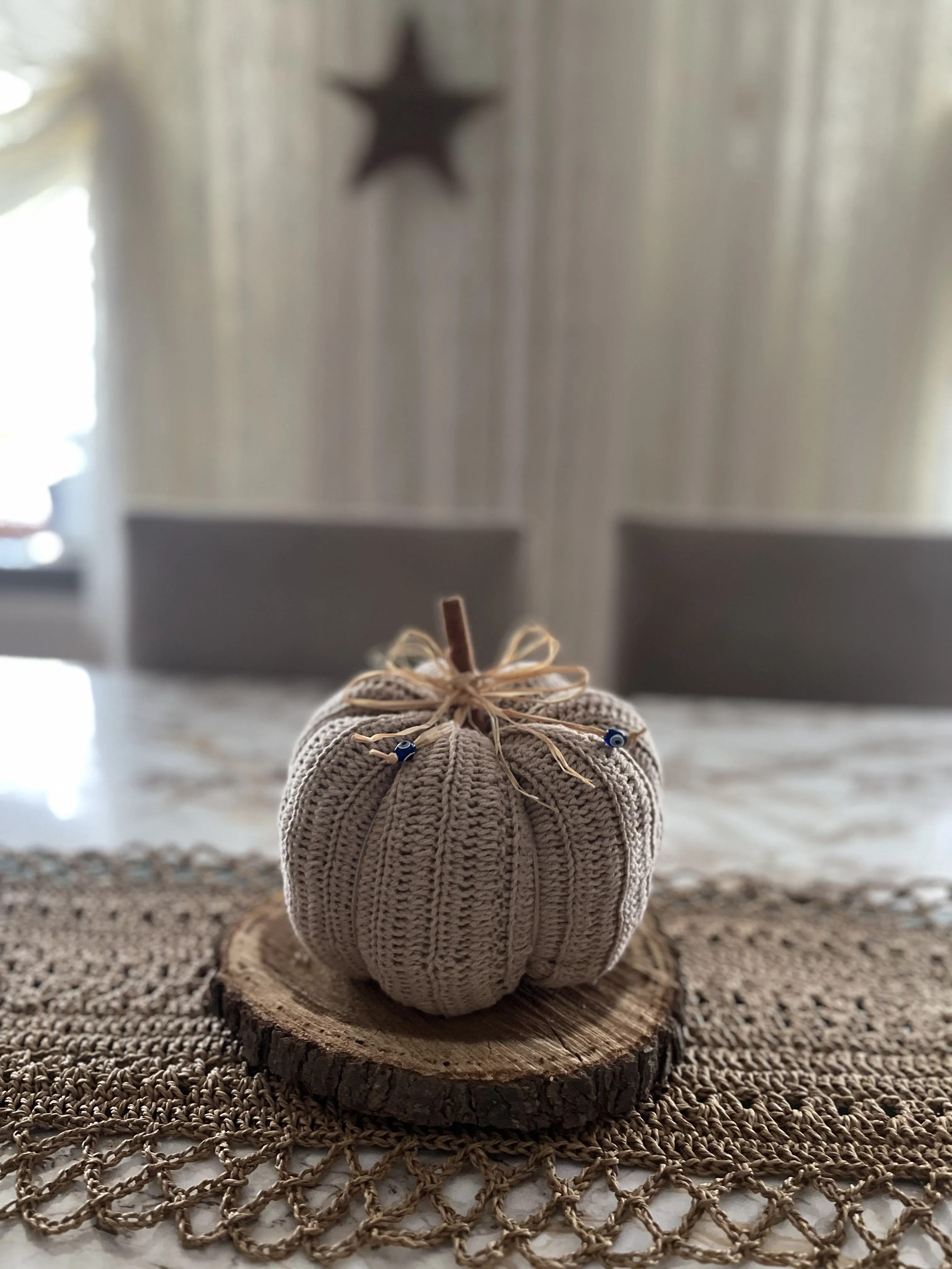 Beige Knitted Pumpkin Decorative Object - 18 cm Handmade
