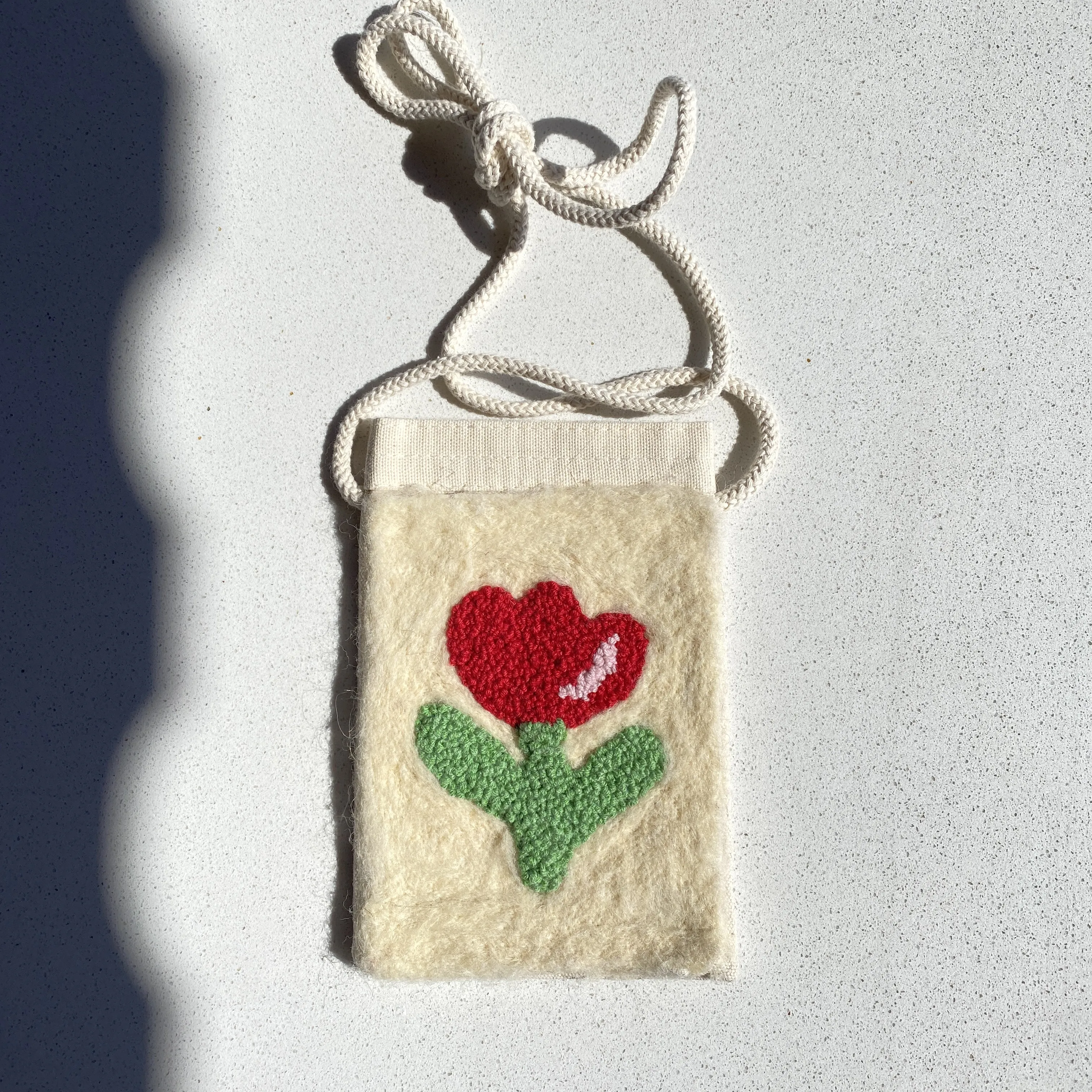 Cream Colored Felt Phone Bag - Tulip Pattern and Handmade