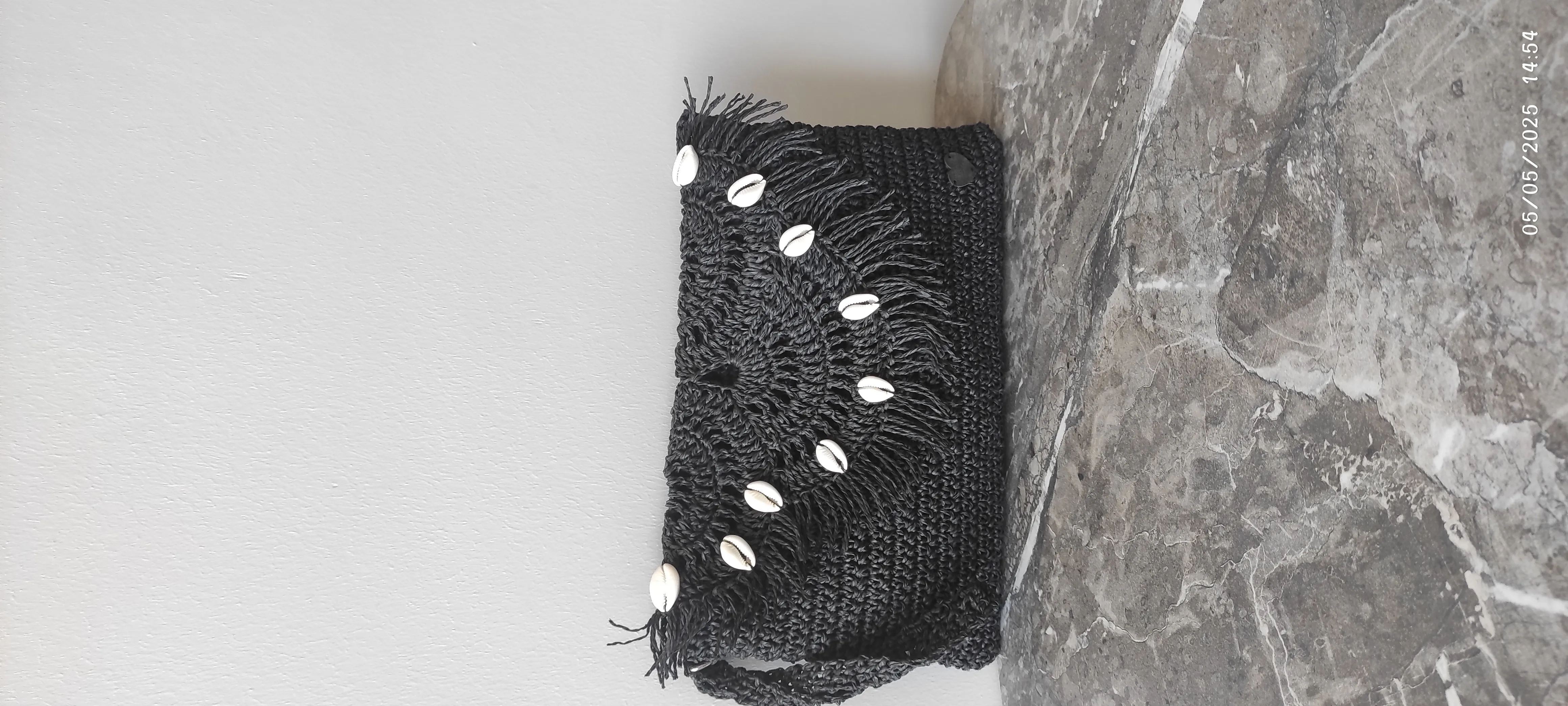 Kağıt İp Örgü Clutch Çanta - Deniz Kabuklu, Astarlı ve Cepli