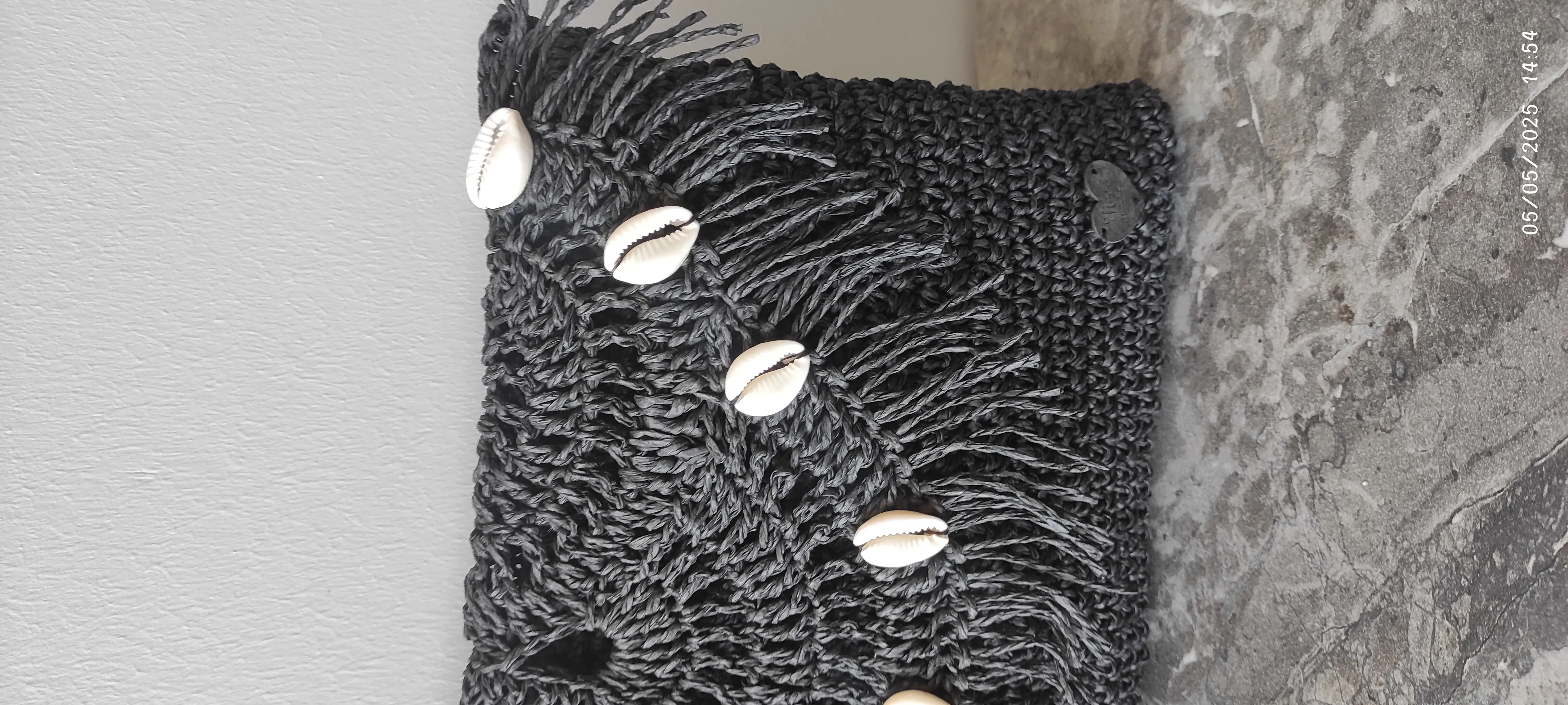 Kağıt İp Örgü Clutch Çanta - Deniz Kabuklu, Astarlı ve Cepli