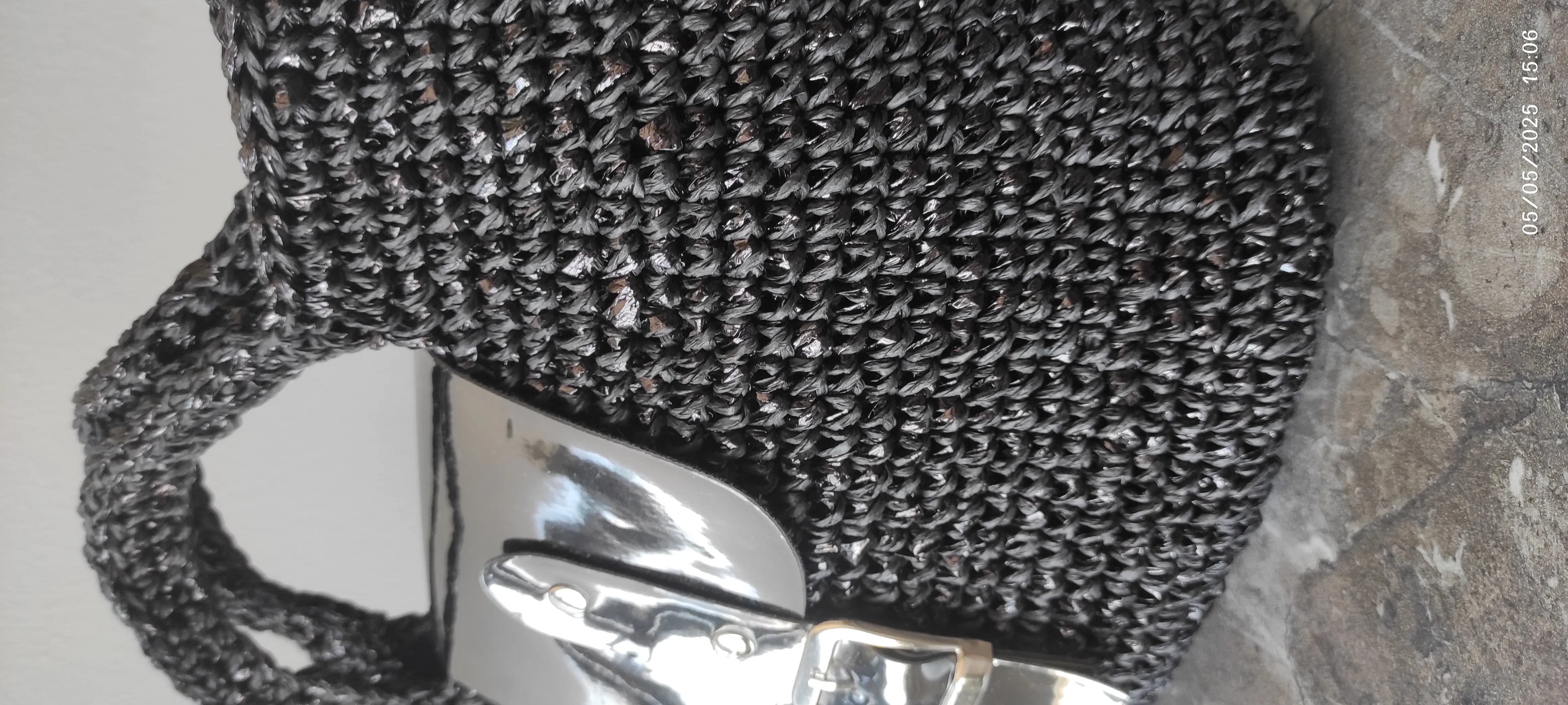 Black Paper Rope Knit Shoulder and Hand Bag - Metallic Detailed Evening Bag