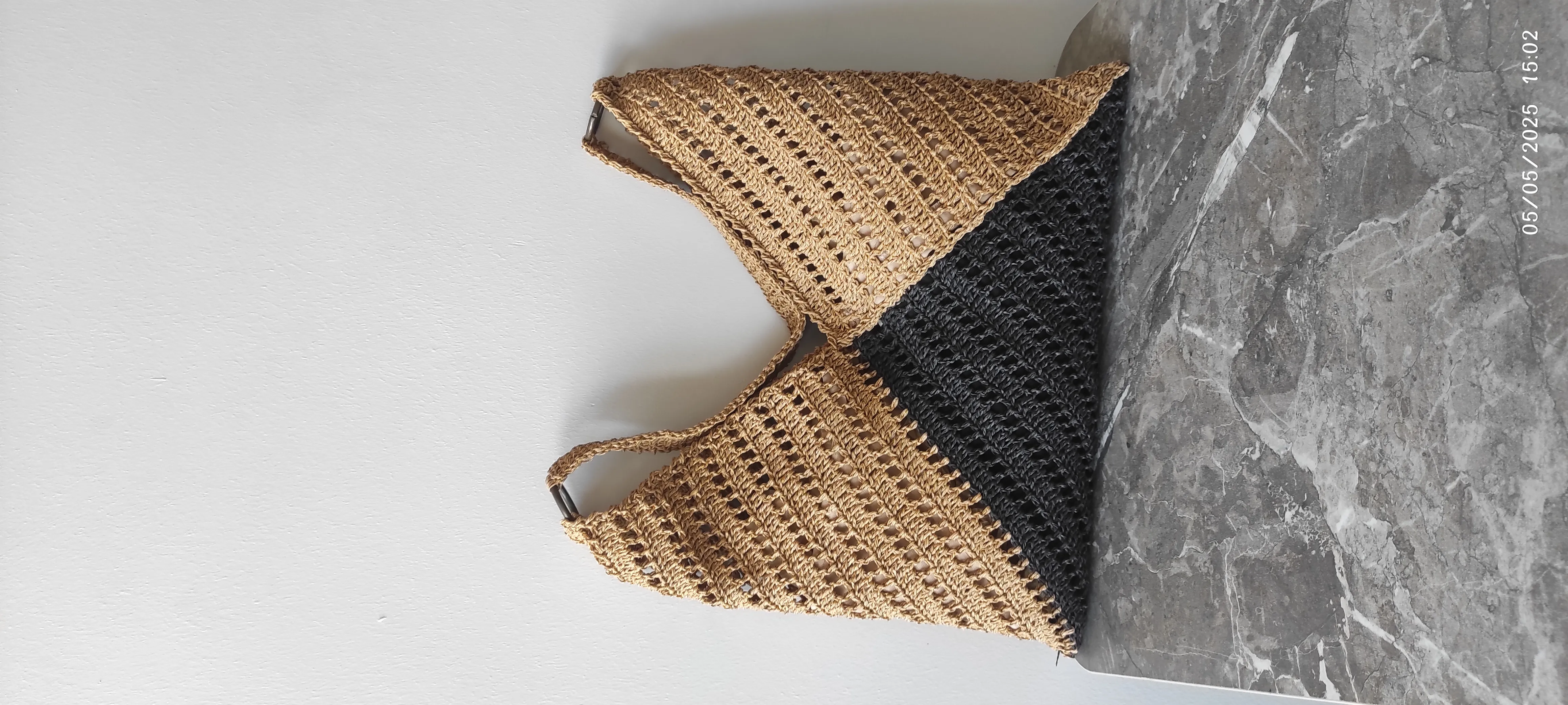 Two-Color Paper Yarn Knitted Shoulder Bag - Lined and Pocketed Saddlebag Model