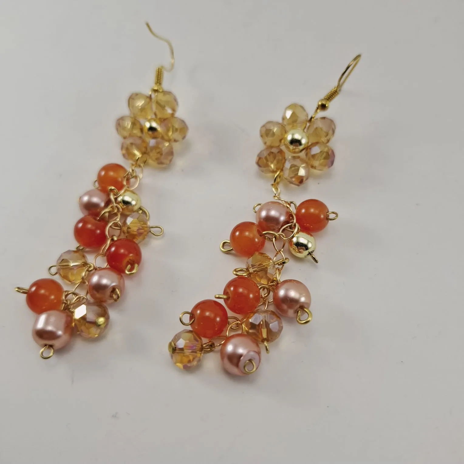 Orange and Champagne Crystal Beaded Dangle Earrings